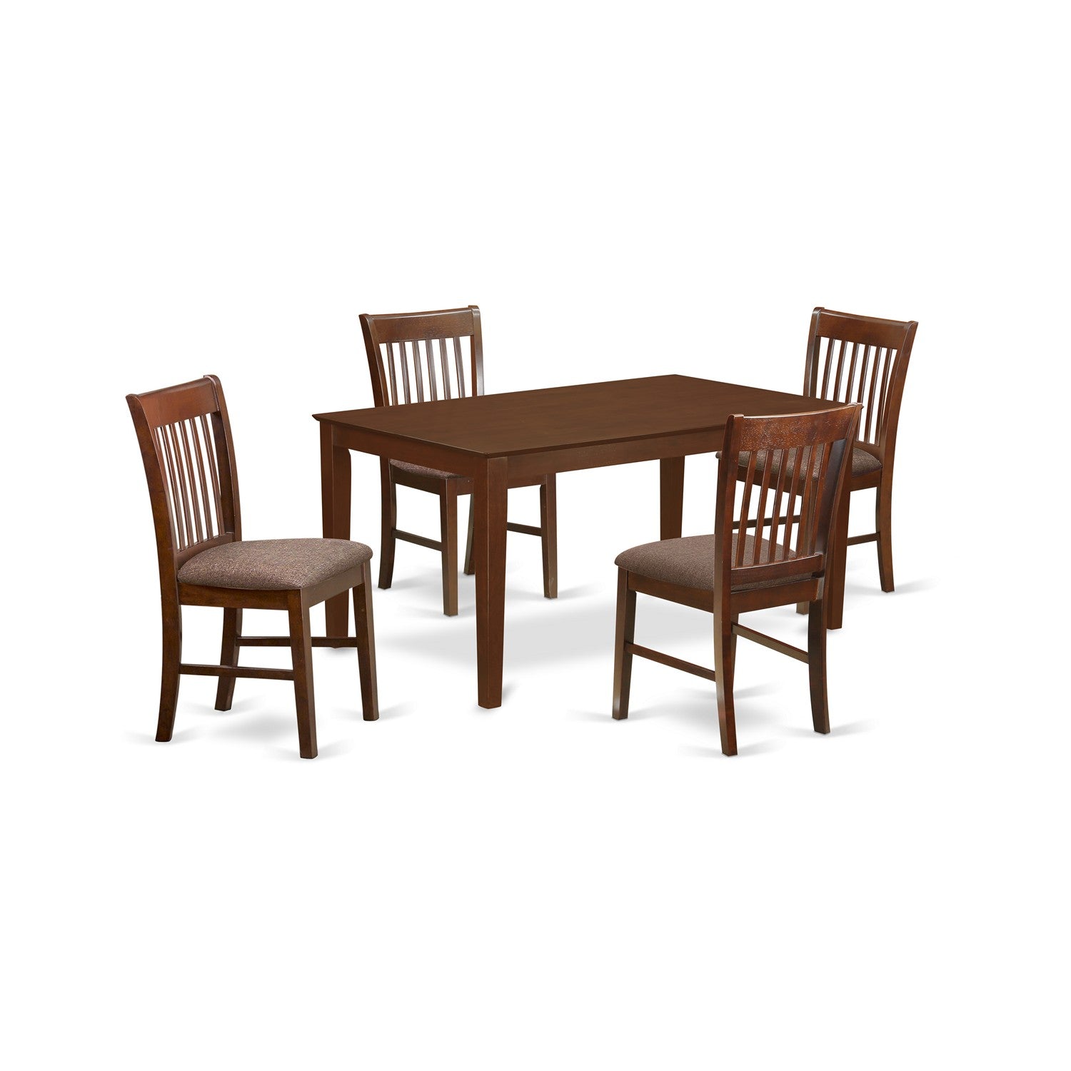 Juego de mesa y sillas de cocina de 5 piezas CANO5-MAH-C de East West Furniture. Incluye una mesa de comedor rectangular y 4 sillas de comedor tapizadas en tela de lino.