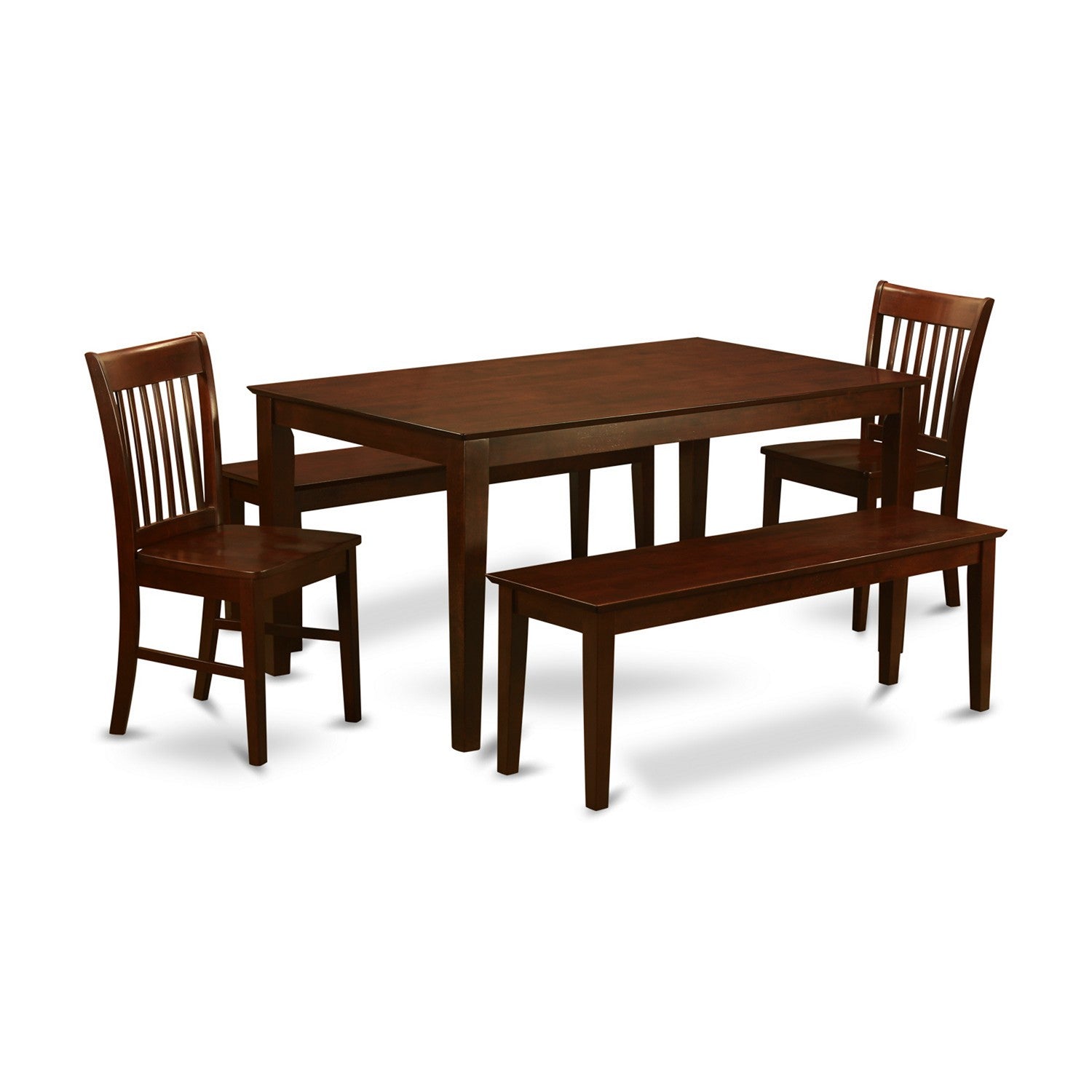 Juego de comedor de 5 piezas para 4 personas East West Furniture CANO5C-MAH-W Incluye una mesa de comedor rectangular y 2 sillas de comedor con 2 bancos