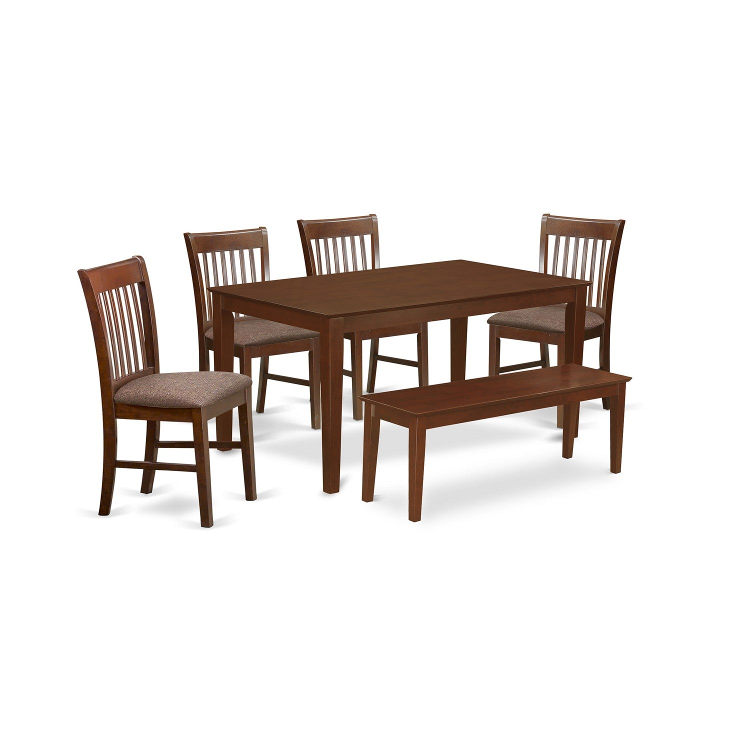 Juego de mesa de comedor moderna de 6 piezas CANO6C-MAH-C de East West Furniture. Contiene una mesa rectangular de madera y 4 sillas tapizadas en tela de lino con un banco.