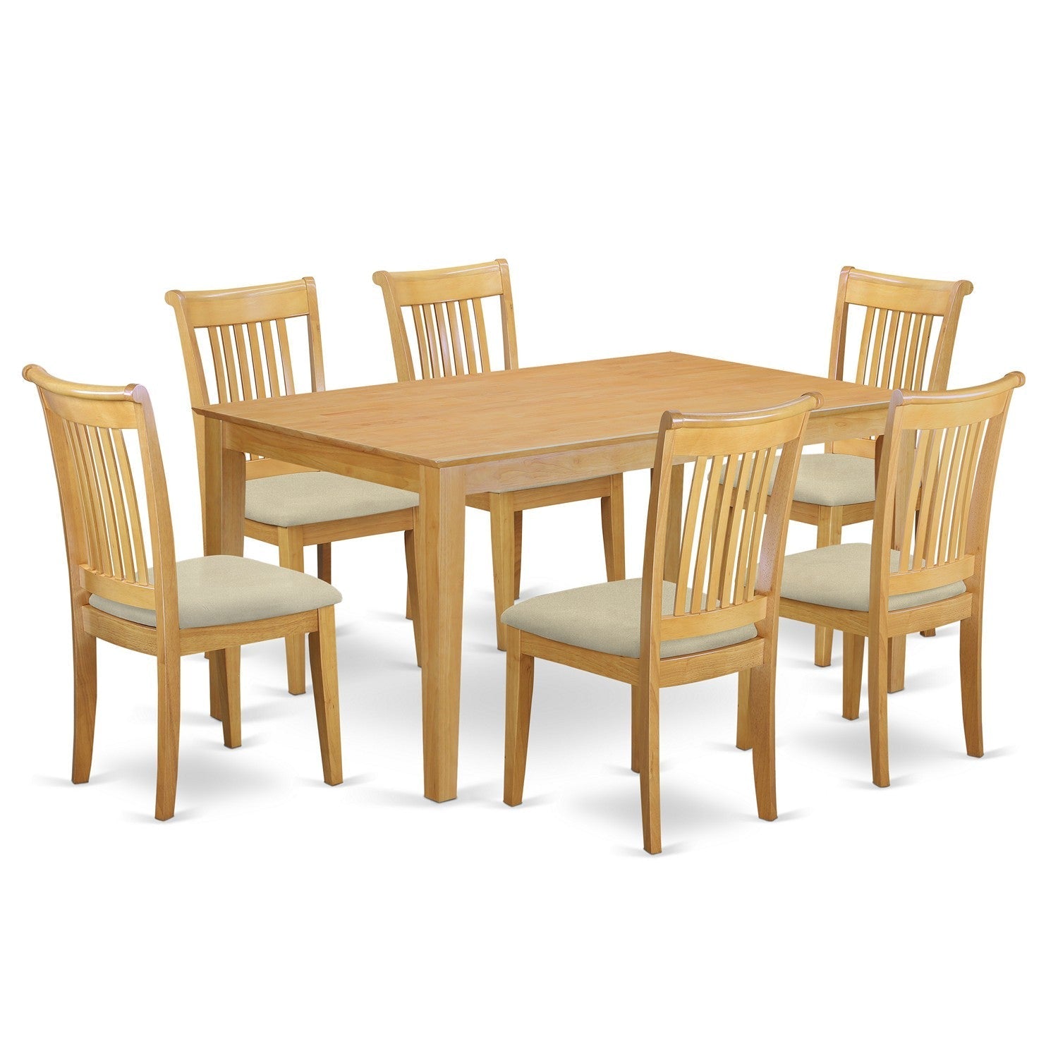 Juego de comedor de 7 piezas CAPO7-OAK-C de East West Furniture. Consta de una mesa de comedor rectangular y 6 sillas de comedor de cocina de tela de lino.