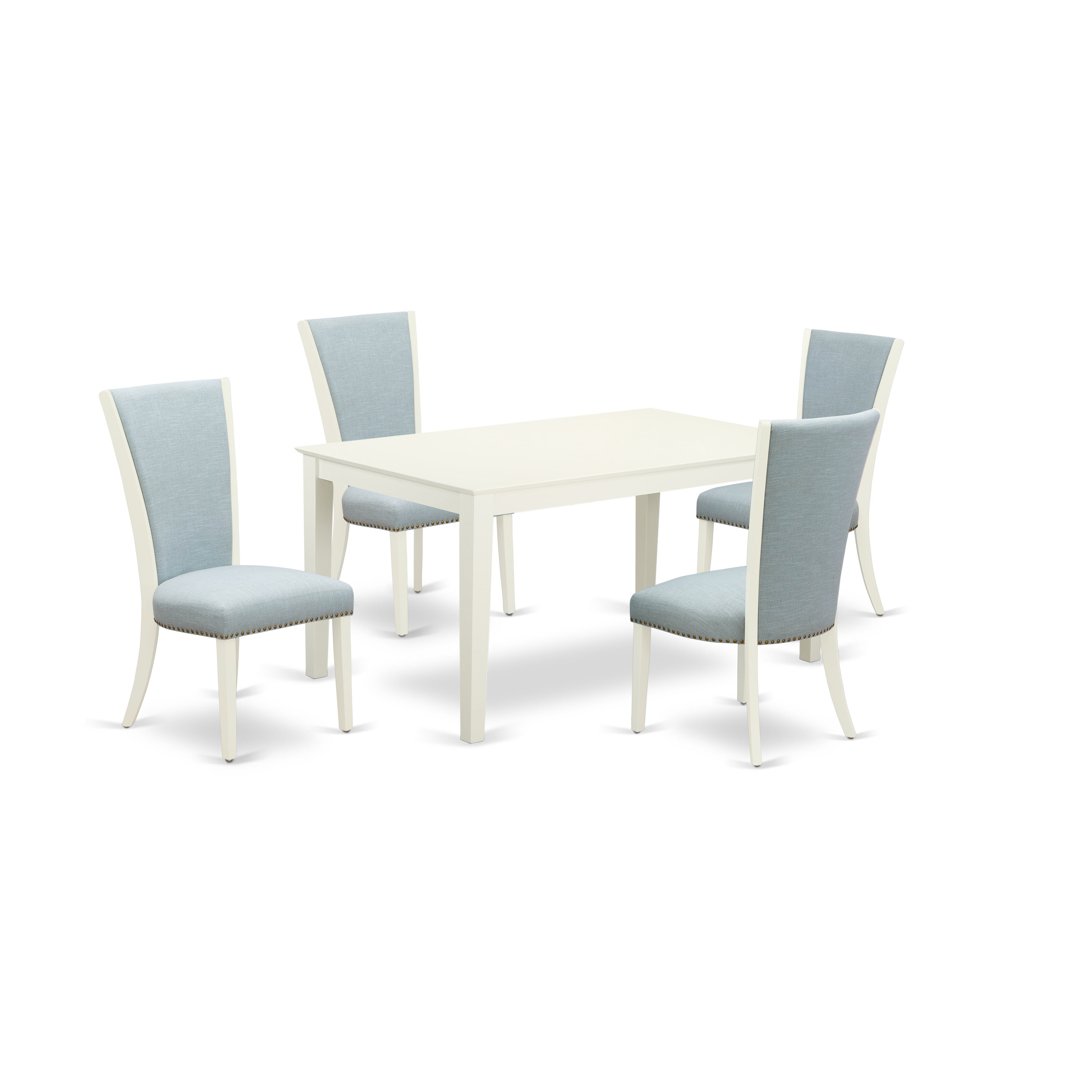 El juego de mesa de comedor de 5 piezas CAVE5-LWH-15 de East West Furniture incluye una mesa de cocina rectangular y 4 sillas de comedor Parsons de tela de lino azul bebé.