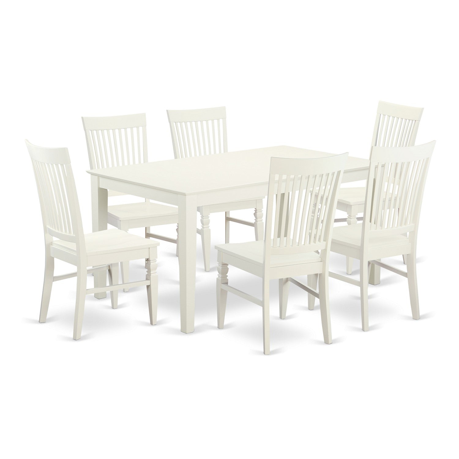 Juego de mesa y sillas de cocina de 7 piezas CAWE7-LWH-W de East West Furniture. Incluye una mesa de comedor rectangular y 6 sillas de madera maciza.