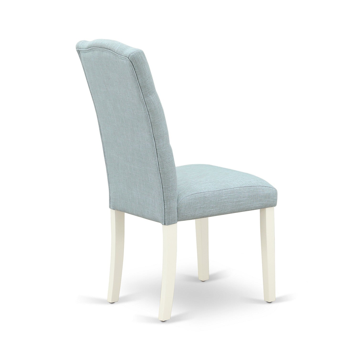 El juego de mesa de comedor de 5 piezas East West Furniture AVCE5-LWH-15 incluye una mesa de comedor ovalada con hojas de mariposa y 4 sillas Parsons de tela de lino azul bebé.