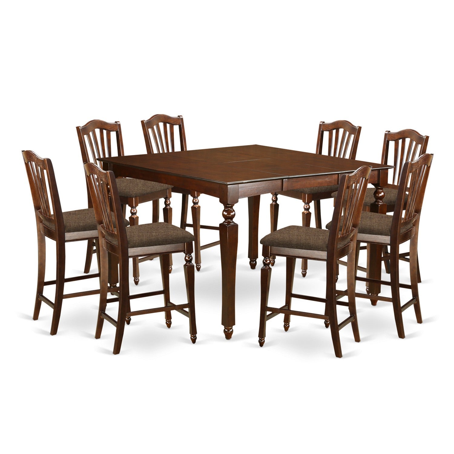 Juego de pub de 9 piezas con altura de mostrador CHEL9-MAH-C de East West Furniture. Incluye una mesa de comedor cuadrada con diseño de hojas de mariposa y 8 sillas de cocina tapizadas en tela de lino.