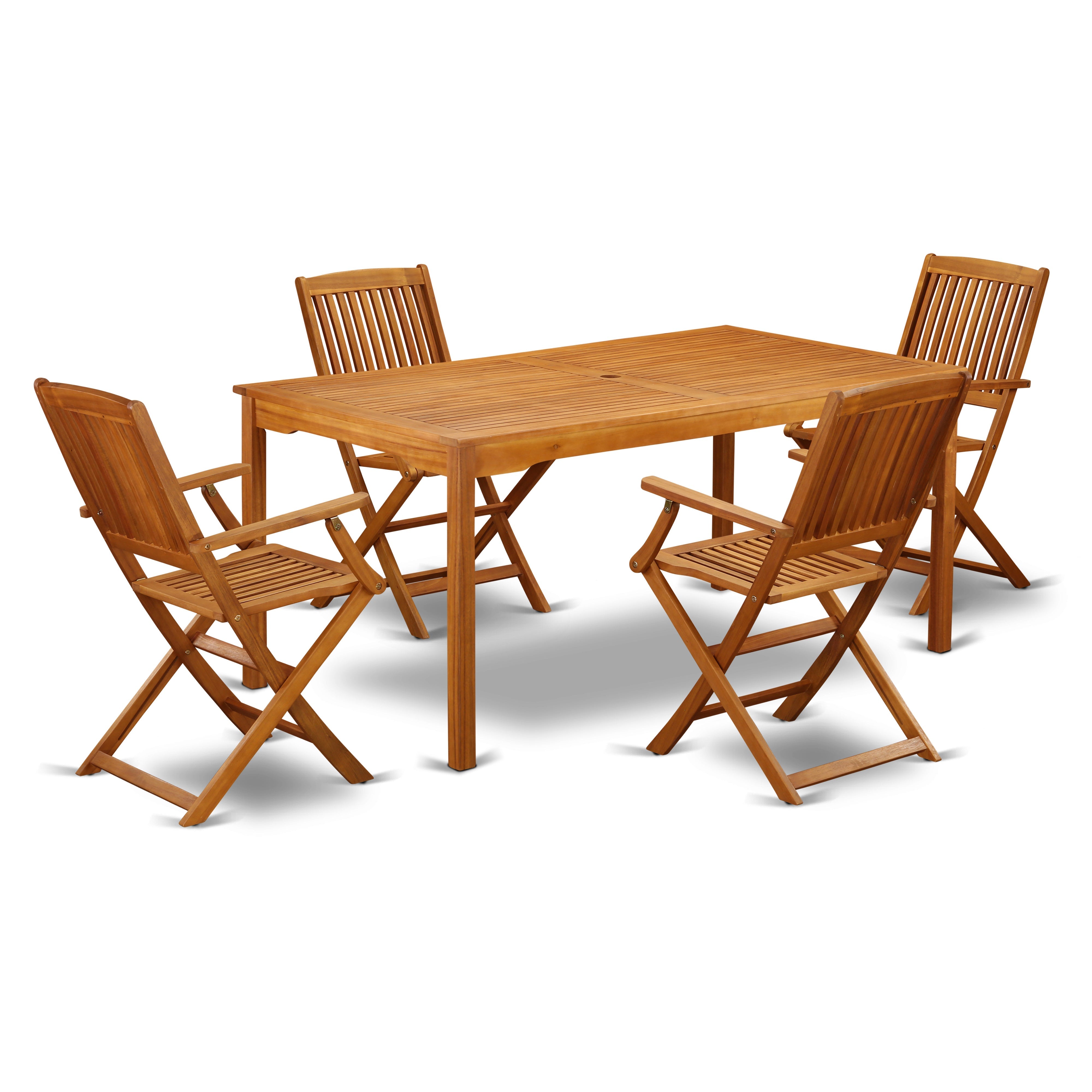 Juego de comedor estilo bistró para patio East West Furniture CMCM5CANA de 5 piezas. Incluye una mesa rectangular de madera de acacia para exteriores y 4 sillas plegables.