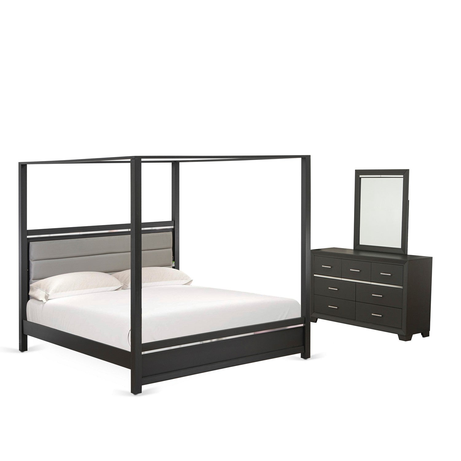 East West Furniture DE20-K00DM0 3 Piece King Size Bed Set with 1 Bed Frame, 1 Wood Dresser and a Bedroom Mirror - Brushed Gray Finish