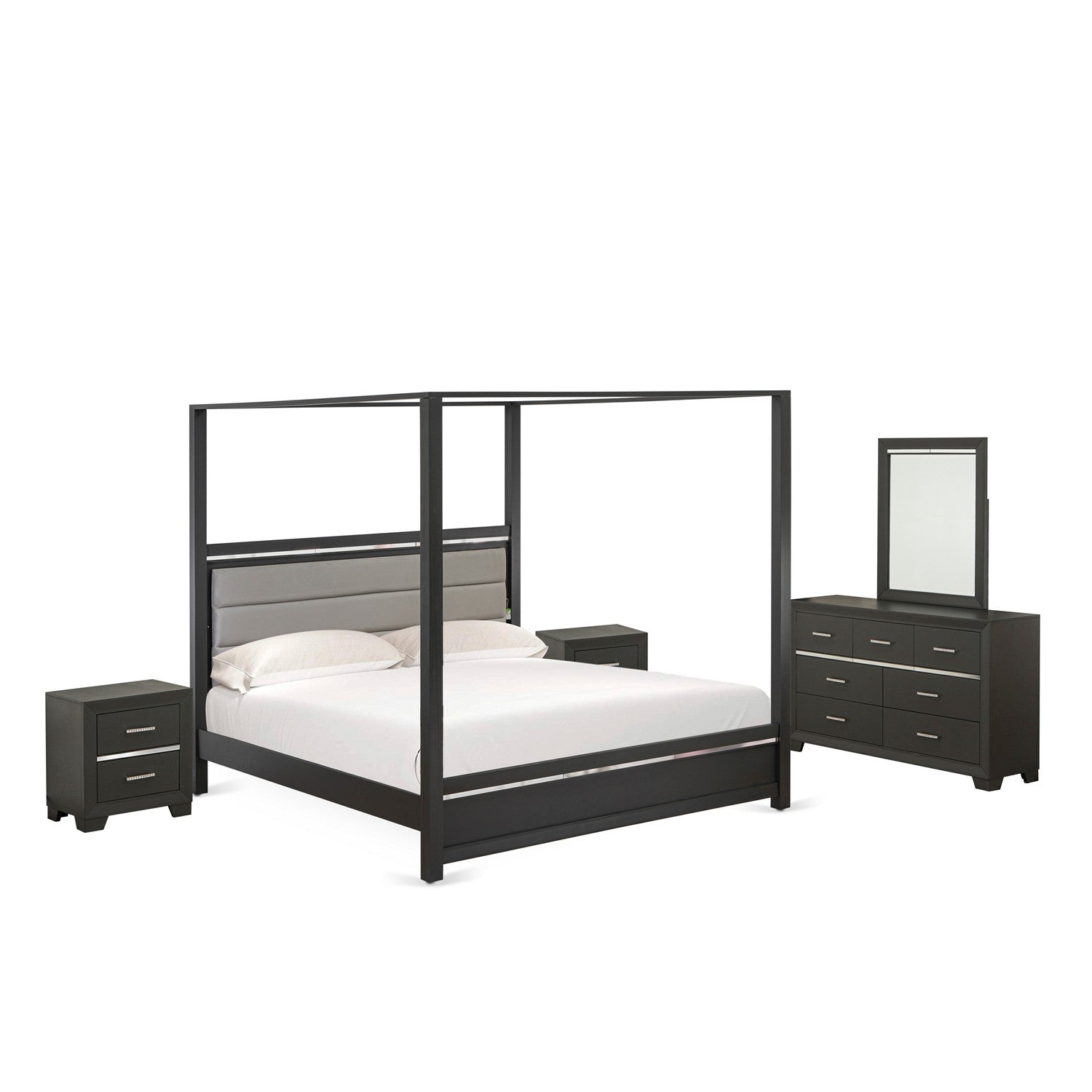 DE20-K2NDM0 5 Piece King Size Bedroom Set with 1 King Size Bed Frame, 2 Nightstands, 1 Drawer Dresser, and a Large Mirror - Brushed Gray Finish
