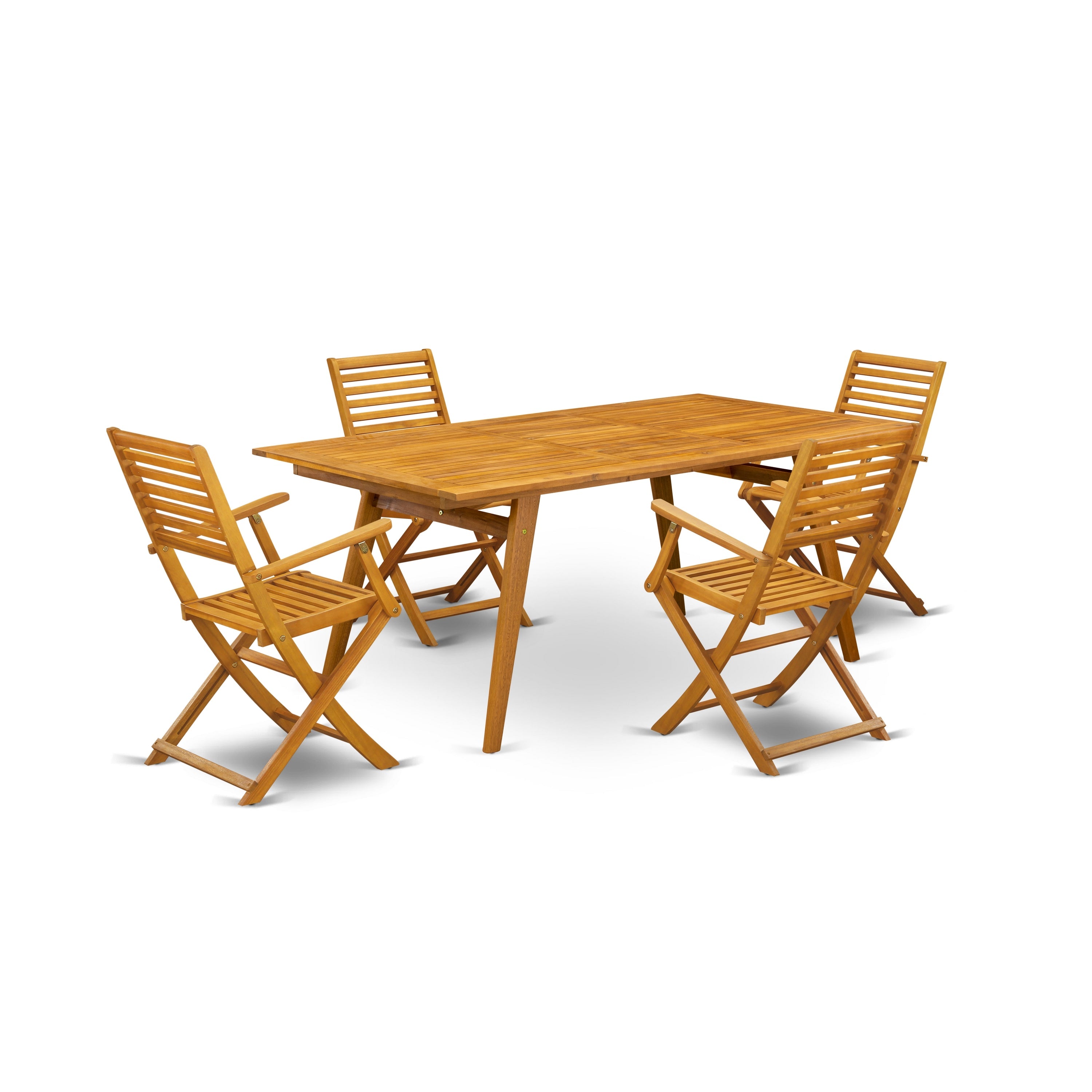 Juego de comedor para patio de 5 piezas DEBS5CANA de East West Furniture. Incluye una mesa rectangular de madera de acacia para exteriores y 4 sillas plegables.