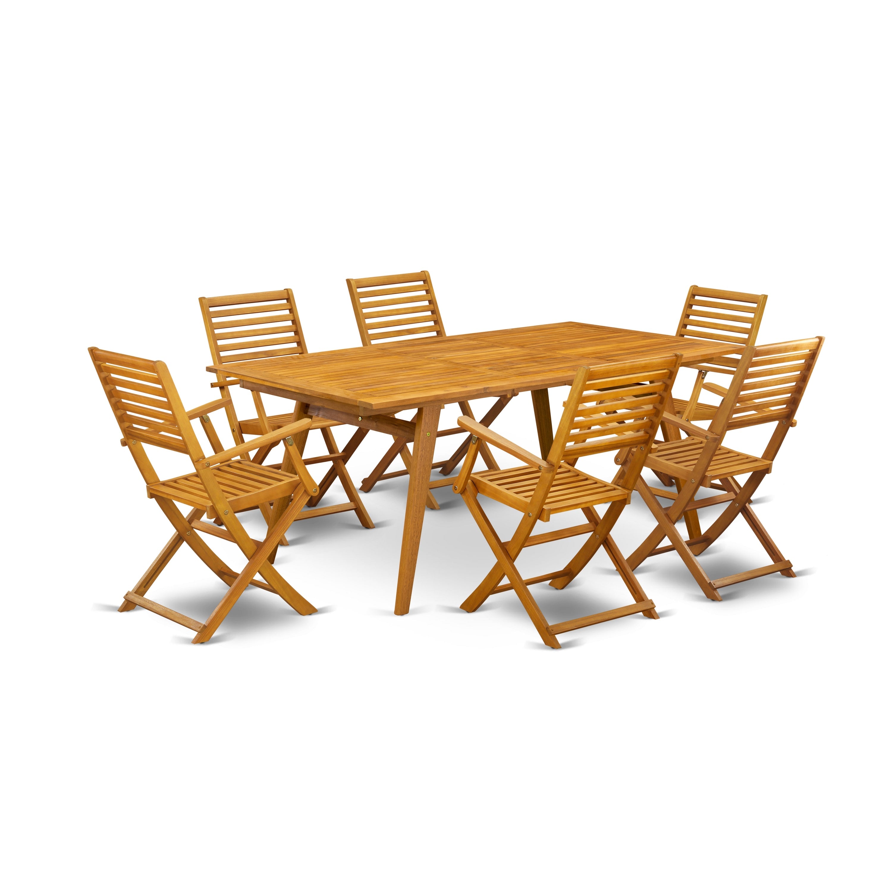 Juego de comedor para patio de 7 piezas DEBS7CANA de East West Furniture, compuesto por una mesa rectangular de madera de acacia para exteriores y 6 sillas plegables.