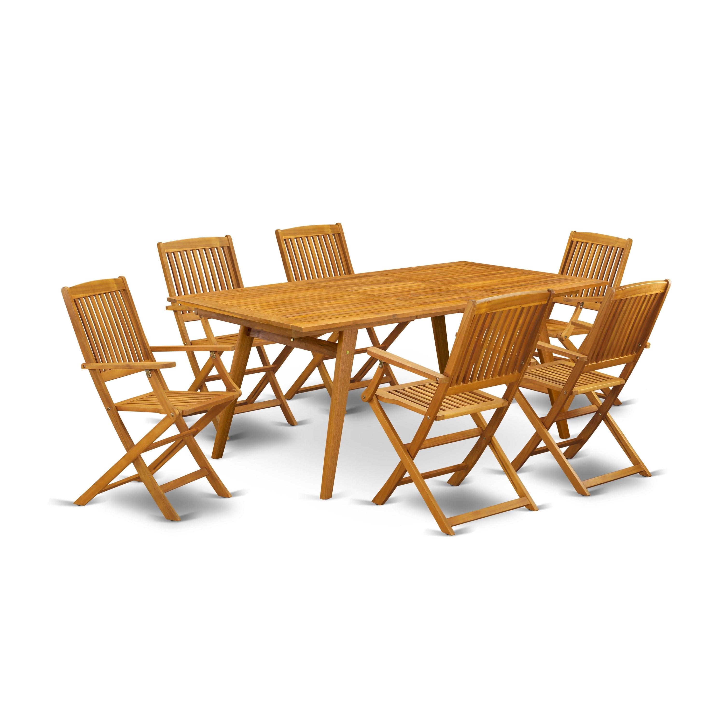 Juego de comedor para patio de 7 piezas DECM7CANA de East West Furniture que consta de una mesa rectangular de madera de acacia para exteriores y 6 sillas plegables.