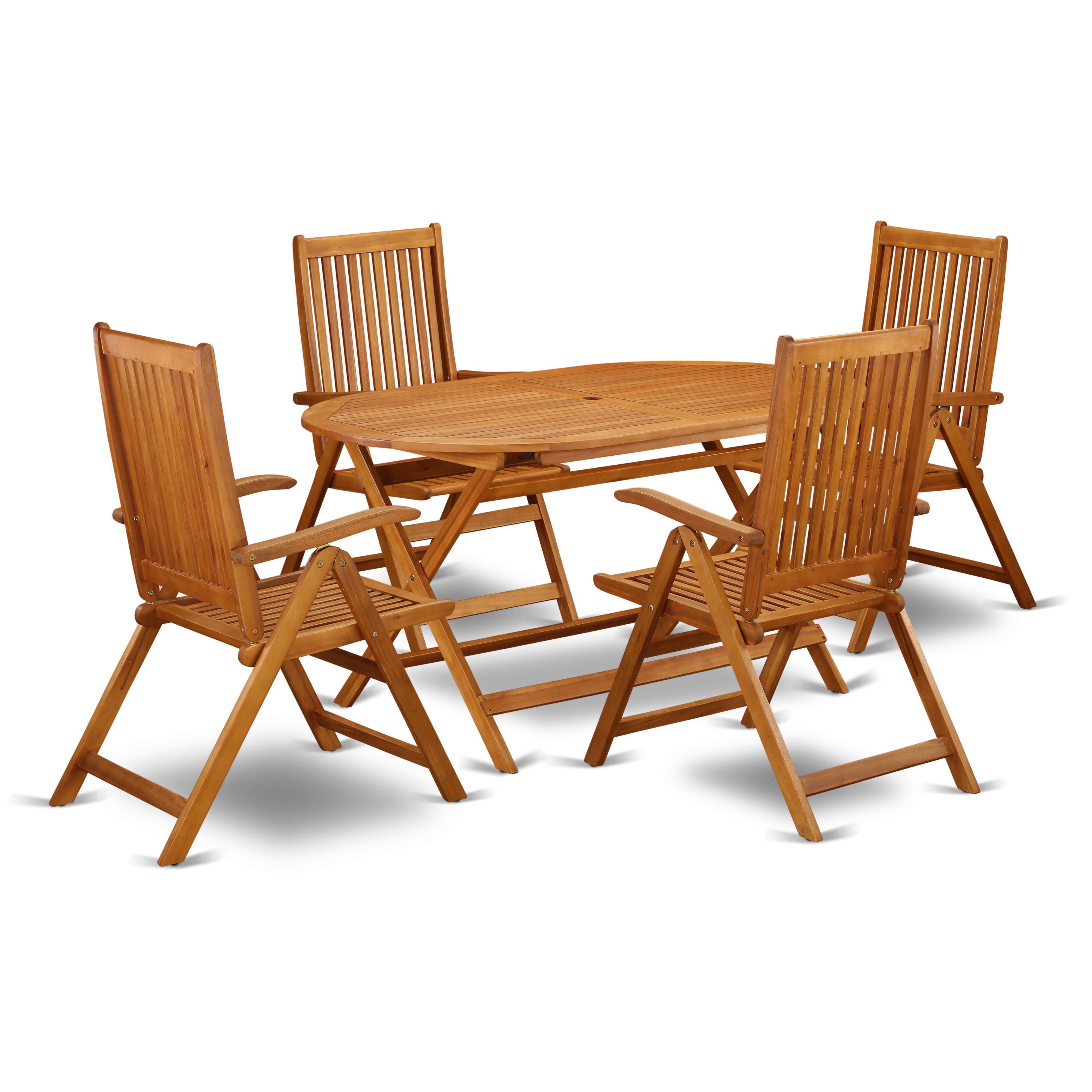El juego de comedor estilo bistró para patio East West Furniture DICN5NC5N de 5 piezas incluye una mesa ovalada de madera de acacia para exteriores y 4 sillas plegables con brazos ajustables.