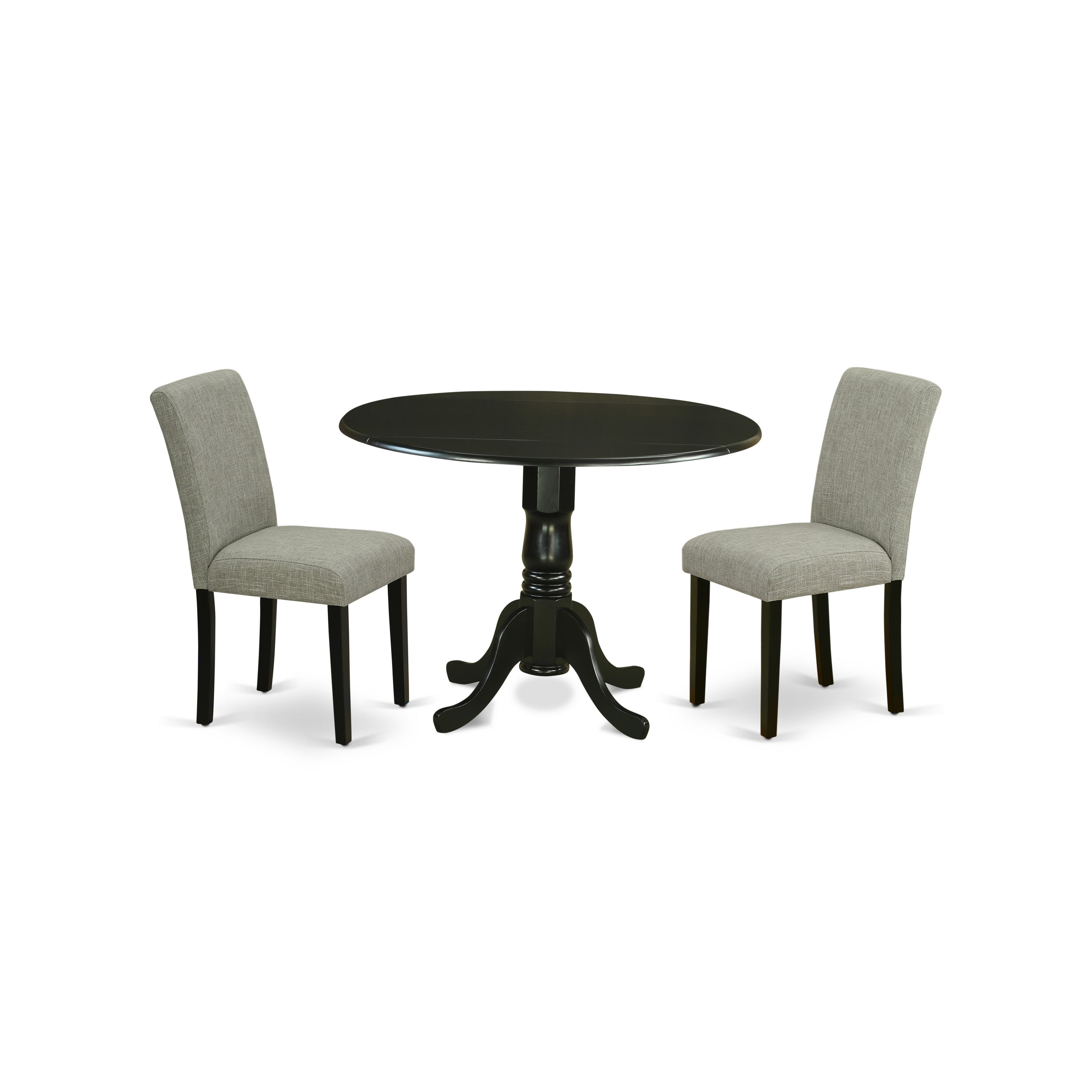 Juego de comedor de 3 piezas East West Furniture DLAB3-BLK-06 para espacios pequeños. Contiene una mesa de comedor redonda con alas abatibles y 2 sillas tapizadas en tela de lino Shitake.