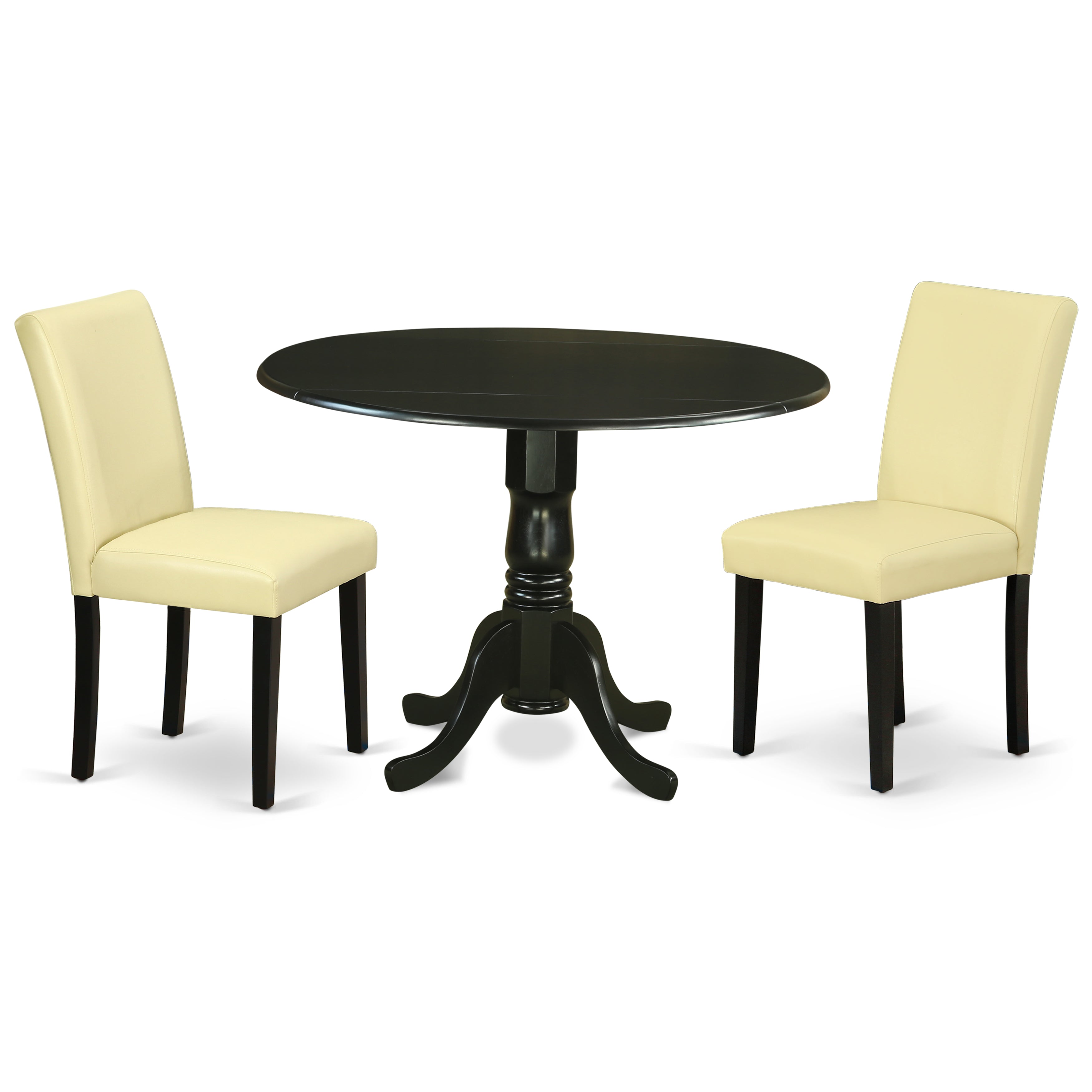 El juego de mesa de cocina de 3 piezas East West Furniture DLAB3-BLK-73 incluye una mesa de comedor redonda con alas abatibles y dos sillas de comedor Parson de cuero sintético color ponche de huevo.