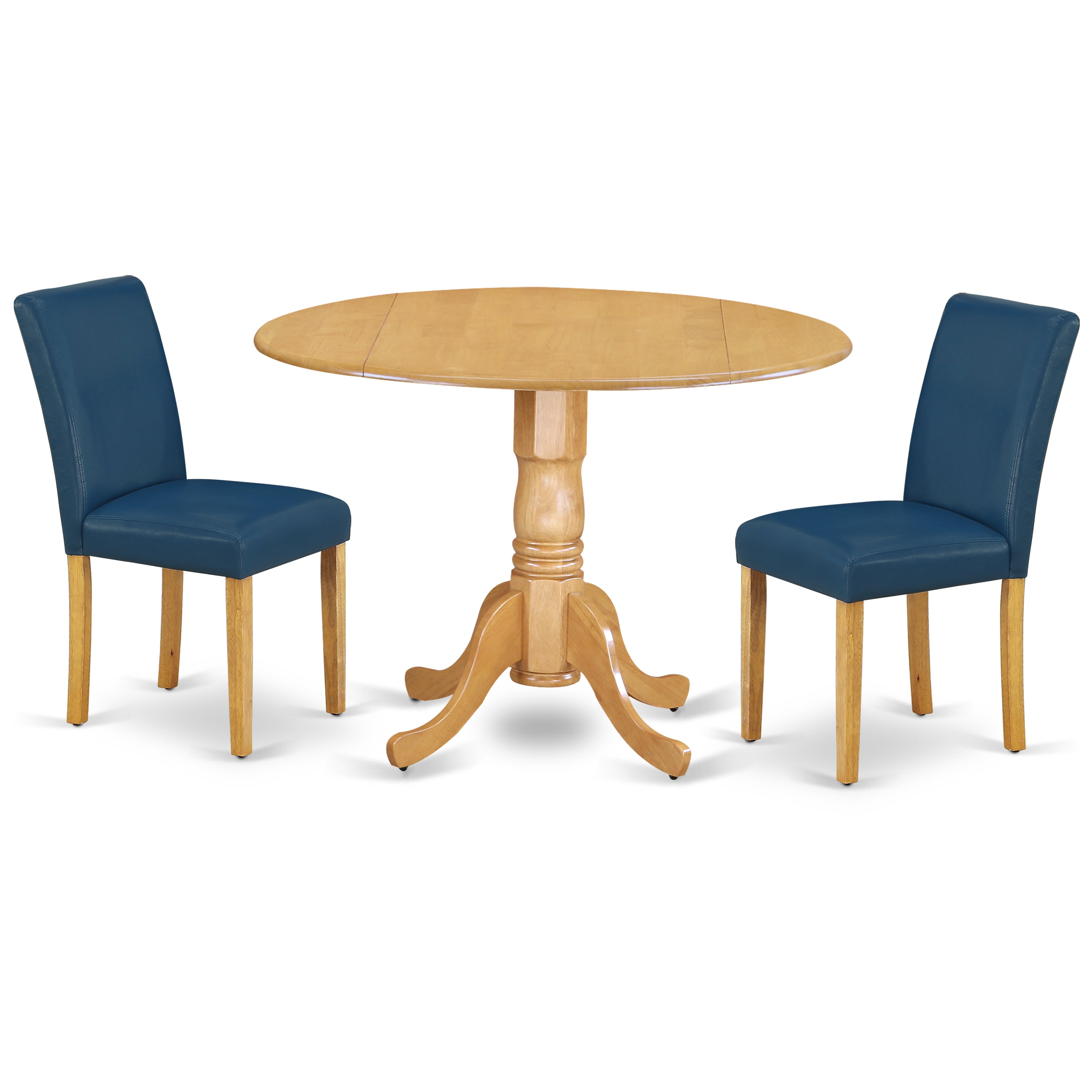 El juego de mesa de cocina de 3 piezas DLAB3-OAK-55 de East West Furniture incluye una mesa de comedor redonda con alas abatibles y dos sillas tapizadas en piel sintética azul oasis.