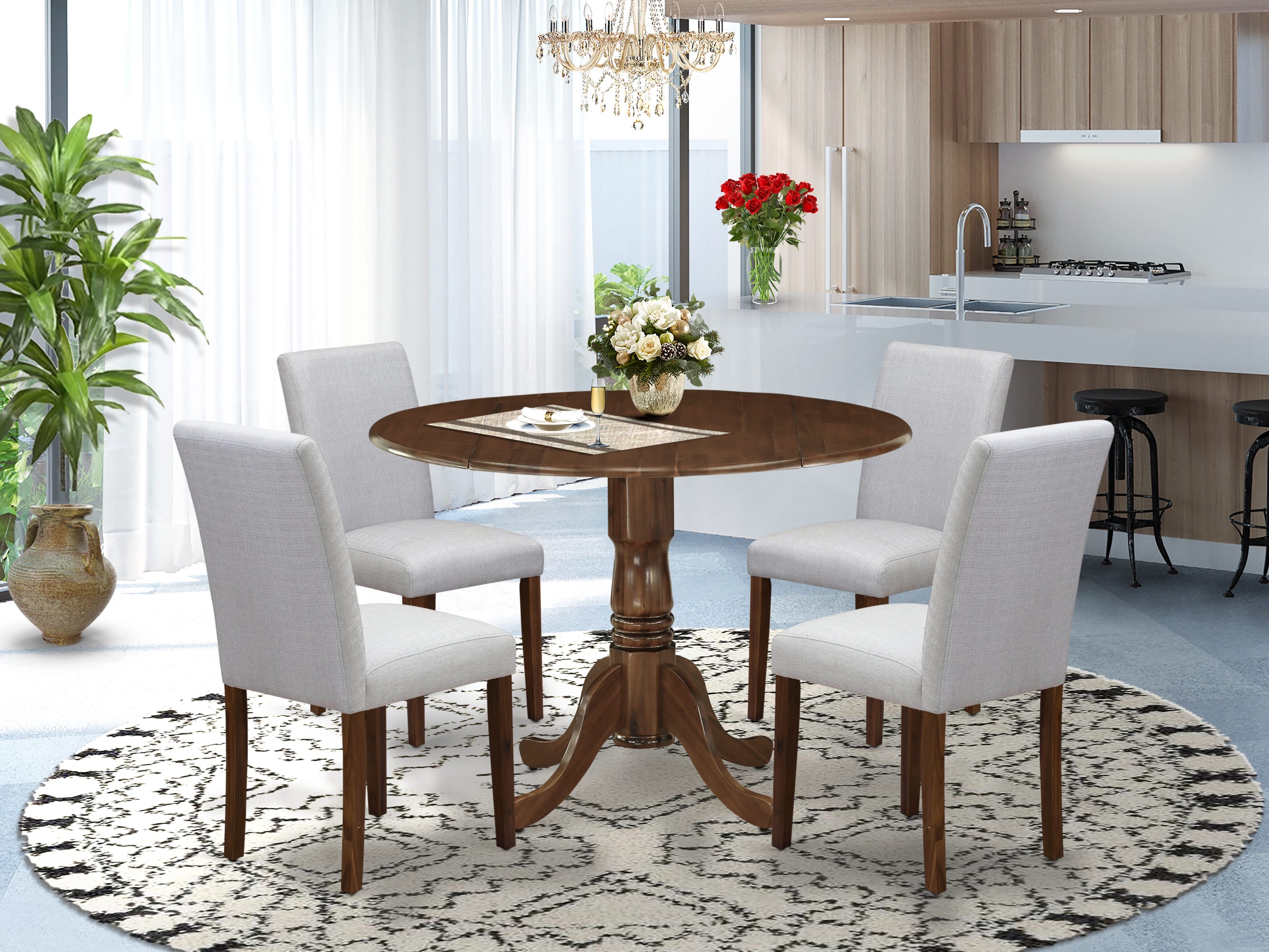 East West Furniture DLAB5-AWA-05 5 Piece Dining Set Contains a Round Dining Room Table with Dropleaf and 4 Upholstered Chairs, 42x42 Inch, Antique Walnut
