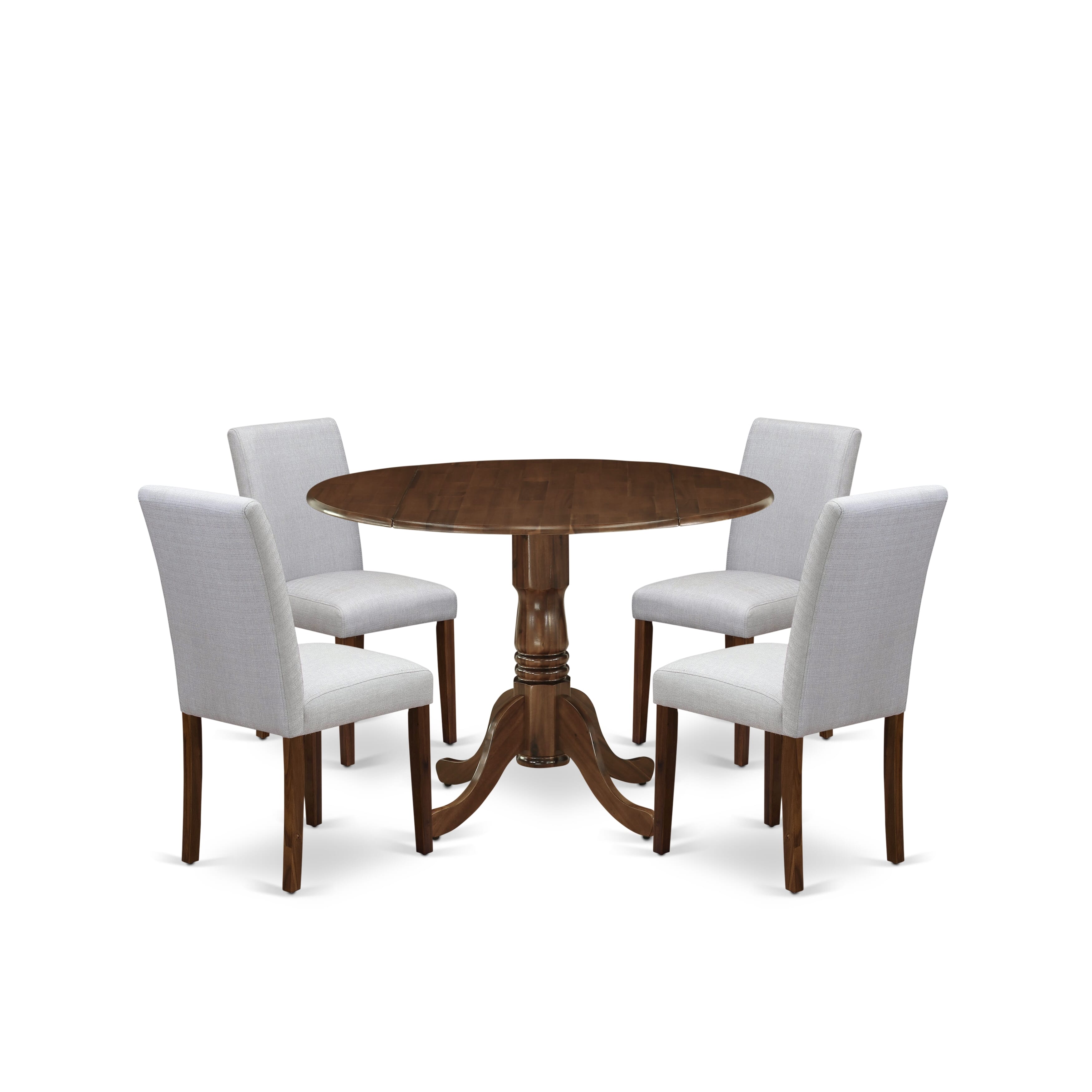 East West Furniture DLAB5-AWA-05 5 Piece Dining Set Contains a Round Dining Room Table with Dropleaf and 4 Upholstered Chairs, 42x42 Inch, Antique Walnut