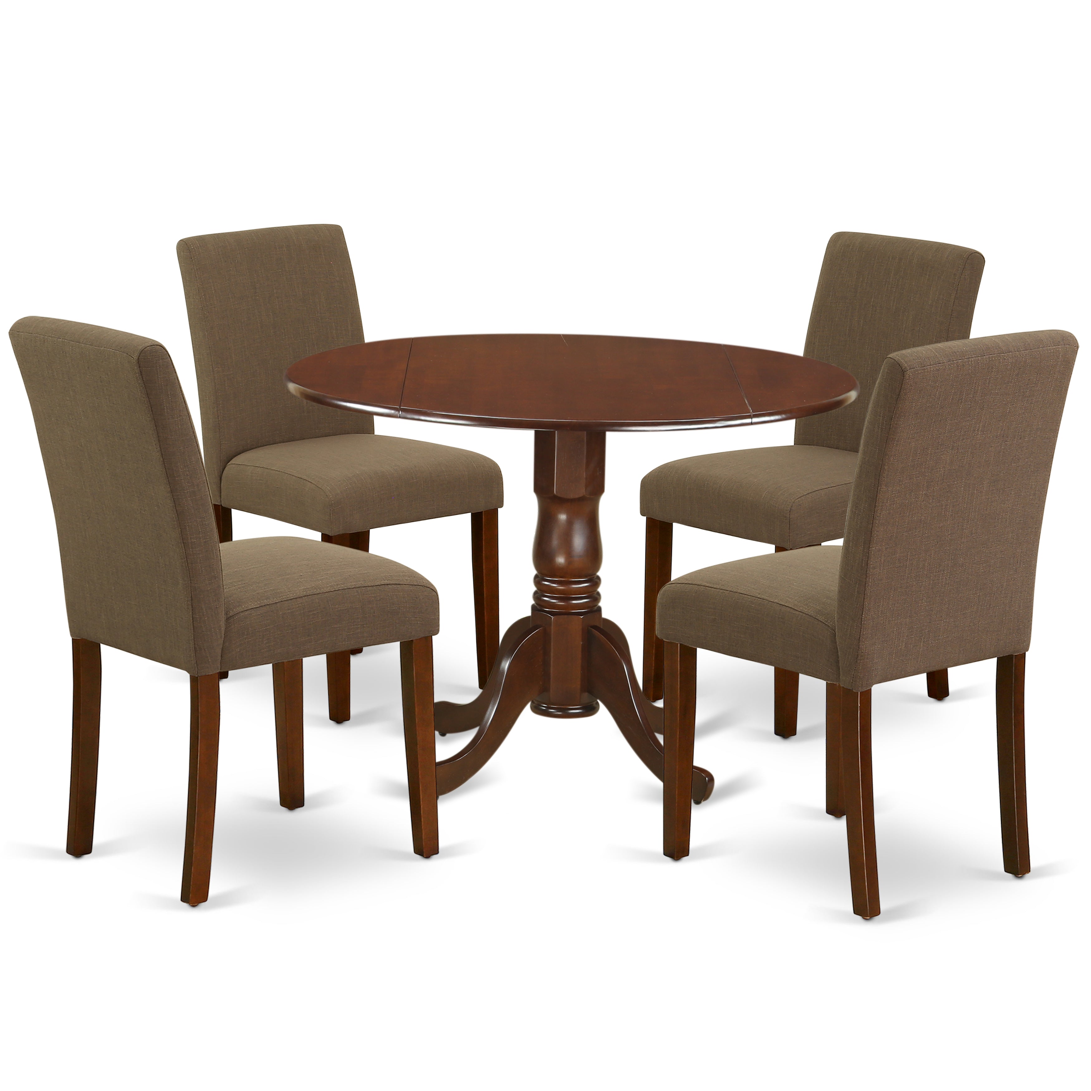 El juego de mesa y sillas de cocina de 5 piezas East West Furniture DLAB5-MAH-18 incluye una mesa de comedor redonda con alas abatibles y 4 sillas de comedor Parson de tela de lino color café.