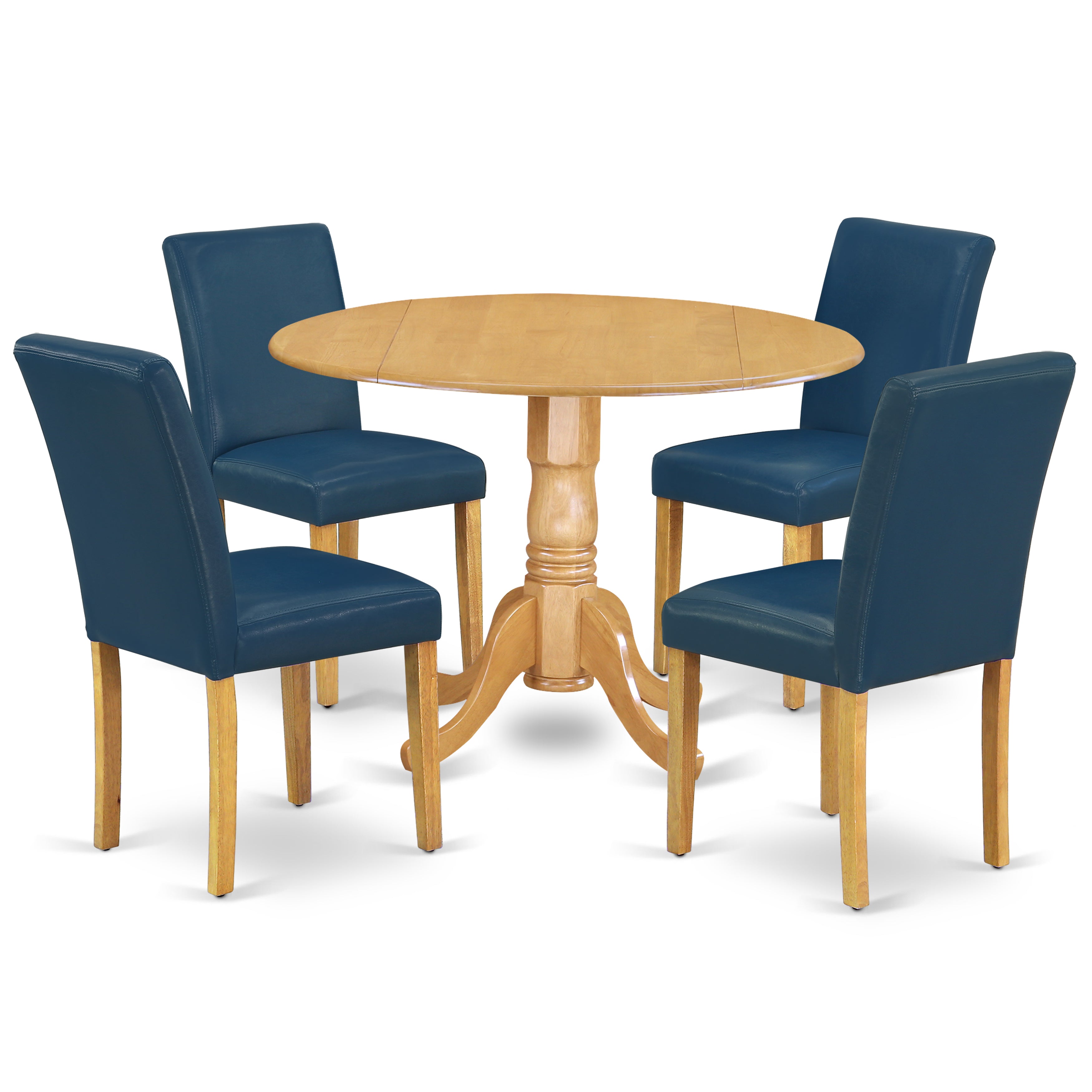 El juego de comedor de 5 piezas East West Furniture DLAB5-OAK-55 incluye una mesa de comedor redonda con alas abatibles y 4 sillas Parsons de cuero sintético azul oasis.
