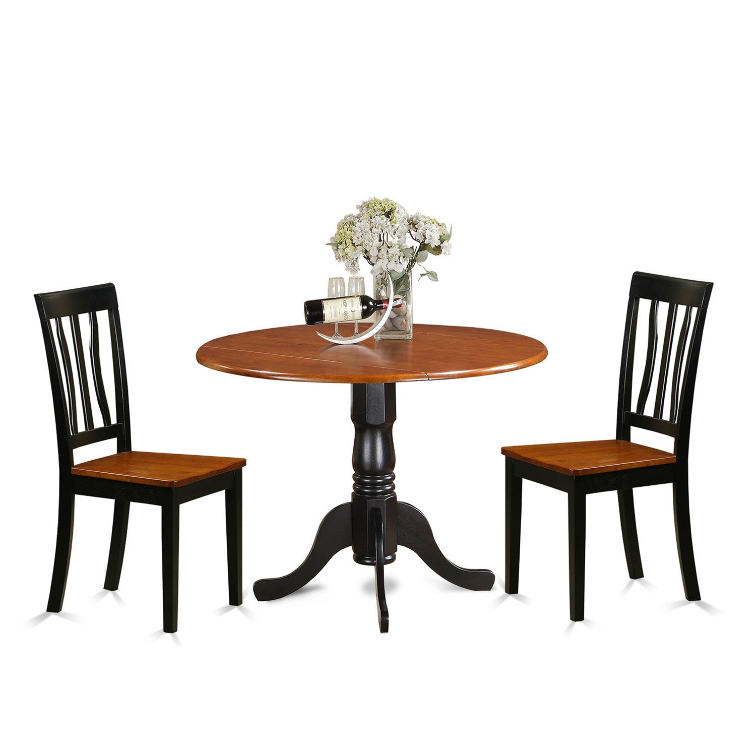 Juego de comedor de 3 piezas East West Furniture DLAN3-BCH-W para espacios pequeños. Contiene una mesa de comedor redonda con alas abatibles y 2 sillas de comedor.