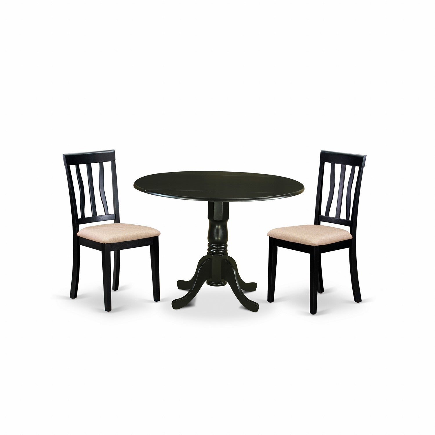 Juego de mesa de comedor de 3 piezas East West Furniture DLAN3-BLK-C para espacios pequeños. Contiene una mesa de comedor redonda con alas abatibles y 2 sillas tapizadas en tela de lino.