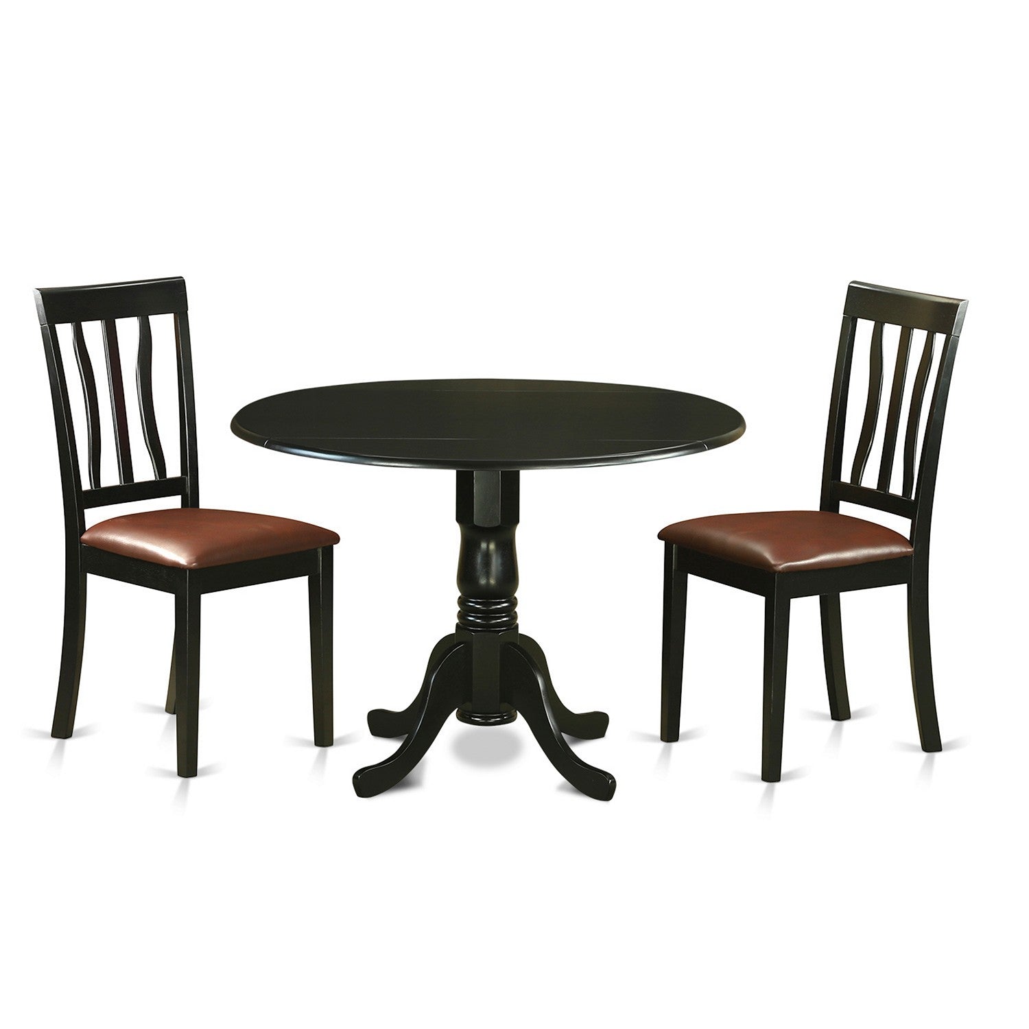 Juego de comedor de 3 piezas East West Furniture DLAN3-BLK-LC para espacios pequeños. Contiene una mesa de comedor redonda con alas abatibles y 2 sillas de comedor tapizadas en piel sintética.