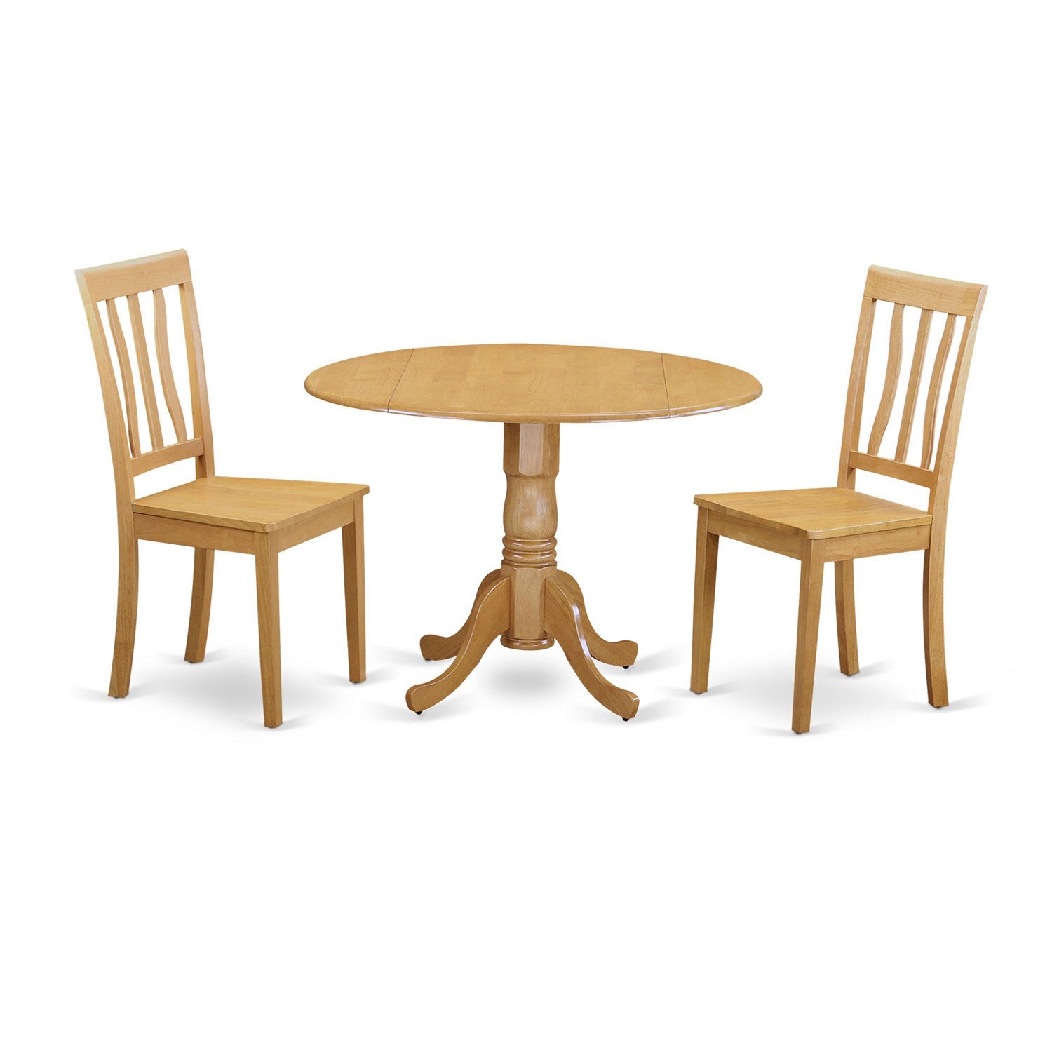 Juego de comedor de 3 piezas East West Furniture DLAN3-OAK-W para espacios pequeños. Contiene una mesa de comedor redonda con alas abatibles y 2 sillas de comedor.