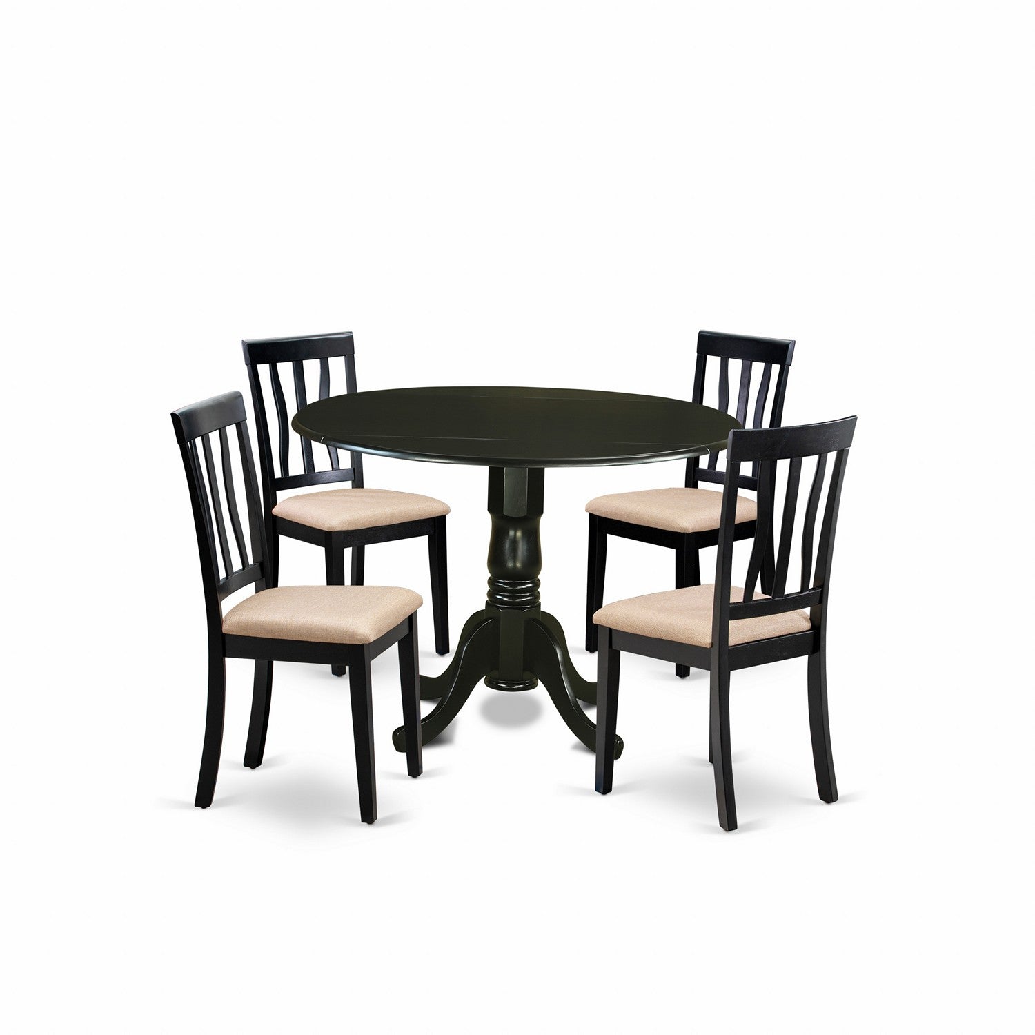 El juego de mesa de comedor de 5 piezas East West Furniture DLAN5-BLK-C incluye una mesa de cocina redonda con alas abatibles y 4 sillas de comedor tapizadas en tela de lino.
