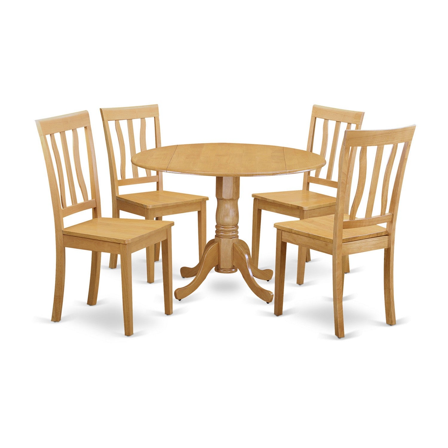 Juego de mesa de cocina de 5 piezas East West Furniture DLAN5-OAK-W para 4 personas. Incluye una mesa de comedor redonda con alas abatibles y 4 sillas con asiento de madera maciza.