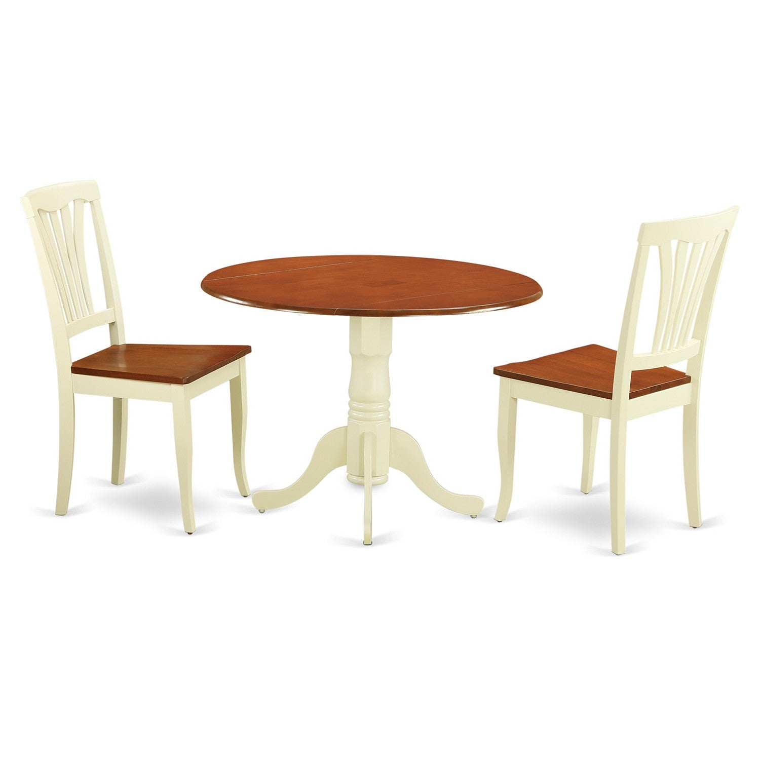 Juego de mesa de comedor de 3 piezas East West Furniture DLAV3-BMK-W para espacios pequeños. Contiene una mesa de comedor redonda con alas abatibles y 2 sillas con asiento de madera.