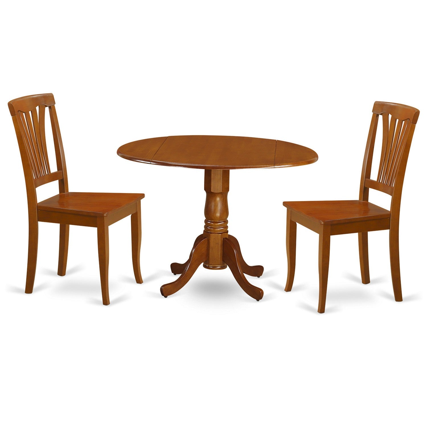 Juego de mesa de comedor de 3 piezas East West Furniture DLAV3-SBR-W para espacios pequeños. Contiene una mesa de comedor redonda con alas abatibles y 2 sillas con asiento de madera.