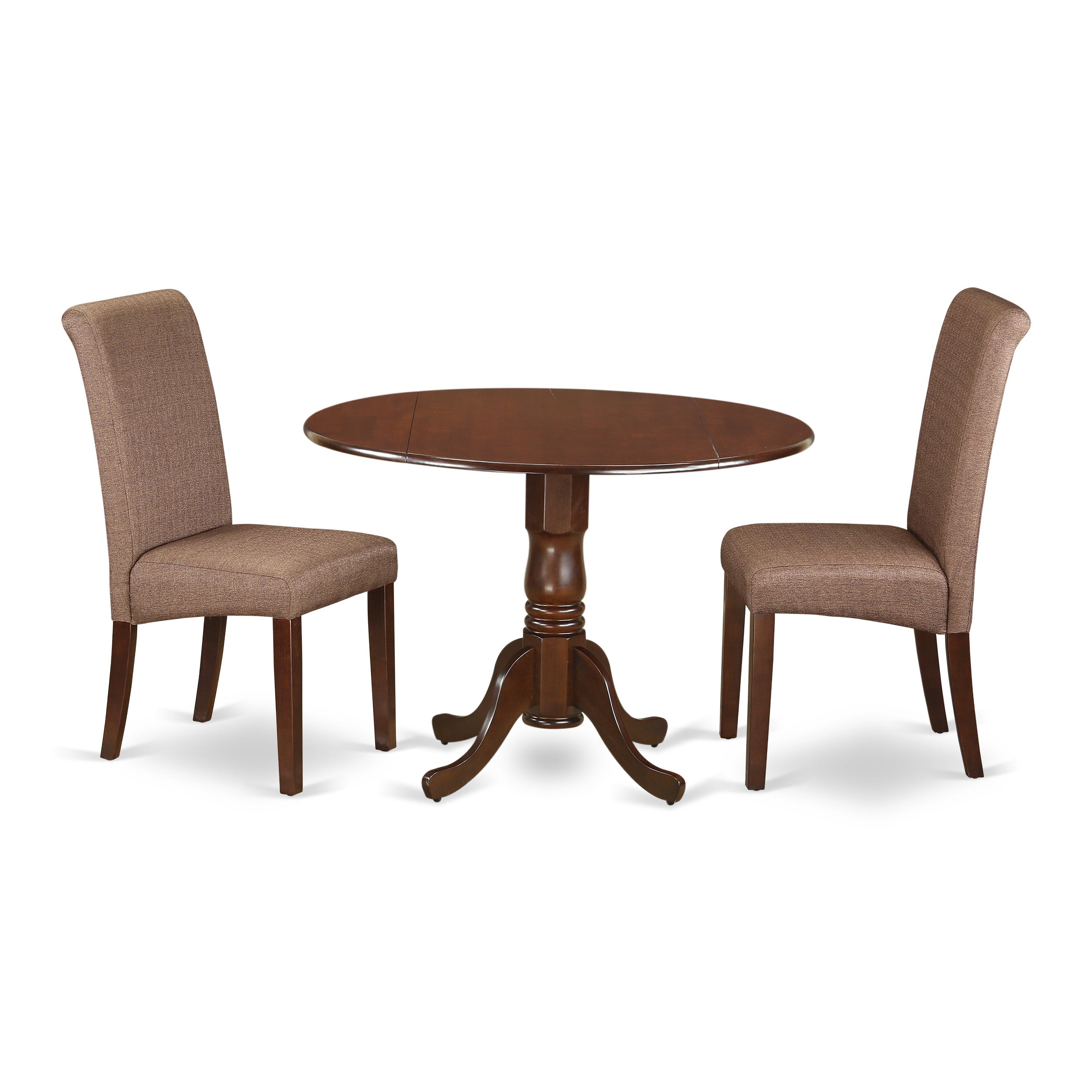 Juego de mesa de comedor moderna de 3 piezas East West Furniture DLBA3-MAH-18. Incluye una mesa redonda de madera con alas abatibles y dos sillas de comedor Parsons de tela de lino marrón.