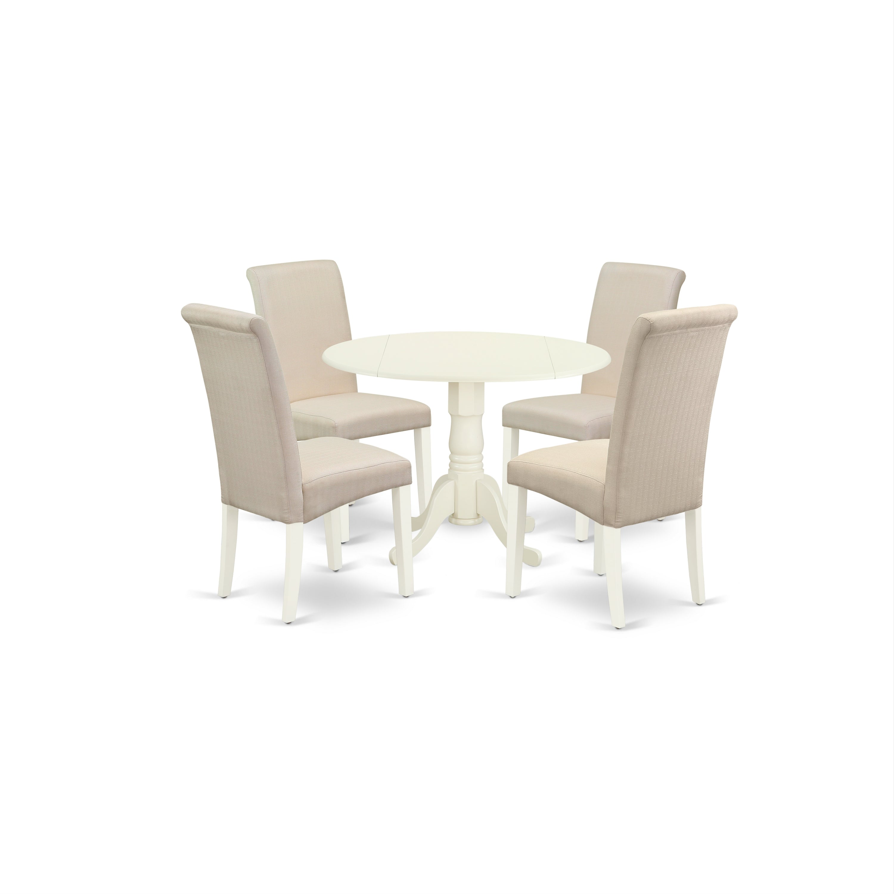 Juego de mesa de comedor de 5 piezas East West Furniture DLBA5-WHI-01 para 4 personas. Incluye una mesa de cocina redonda con alas abatibles y 4 sillas de comedor Parson de tela de lino color crema.
