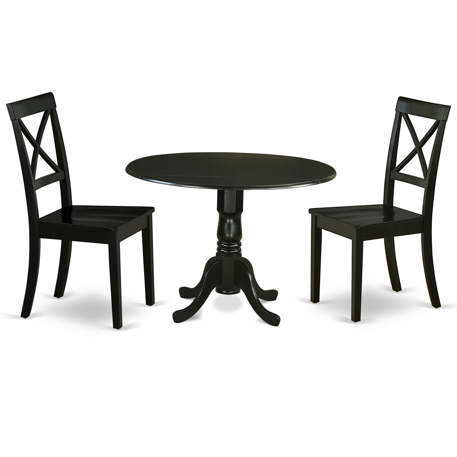 Juego de mesa de comedor de 3 piezas East West Furniture DLBO3-BLK-W para espacios pequeños. Contiene una mesa de comedor redonda con alas abatibles y 2 sillas con asiento de madera.
