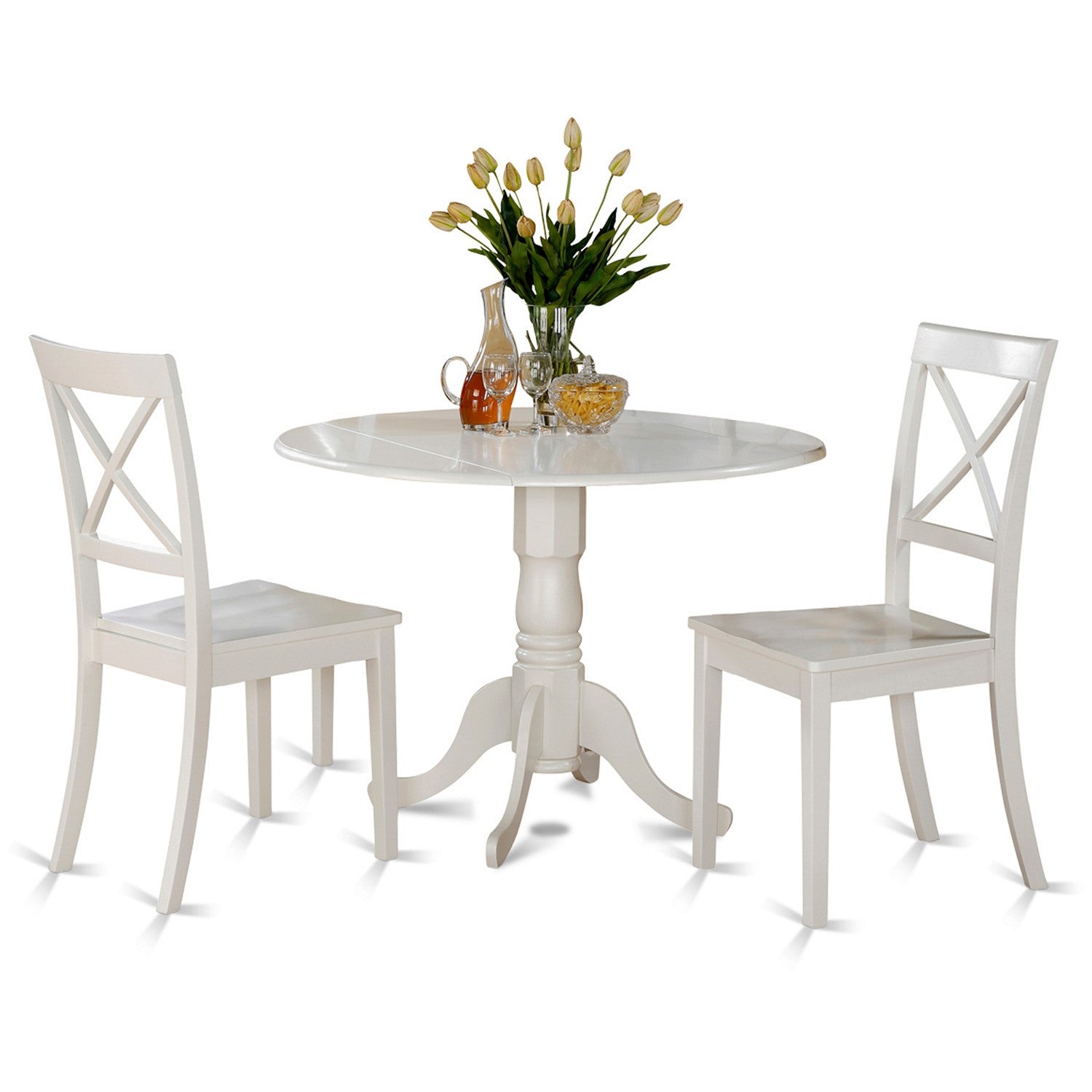 Juego de mesa de comedor de 3 piezas DLBO3-WHI-W de East West Furniture. Contiene una mesa de cocina redonda con alas abatibles y 2 sillas de comedor.