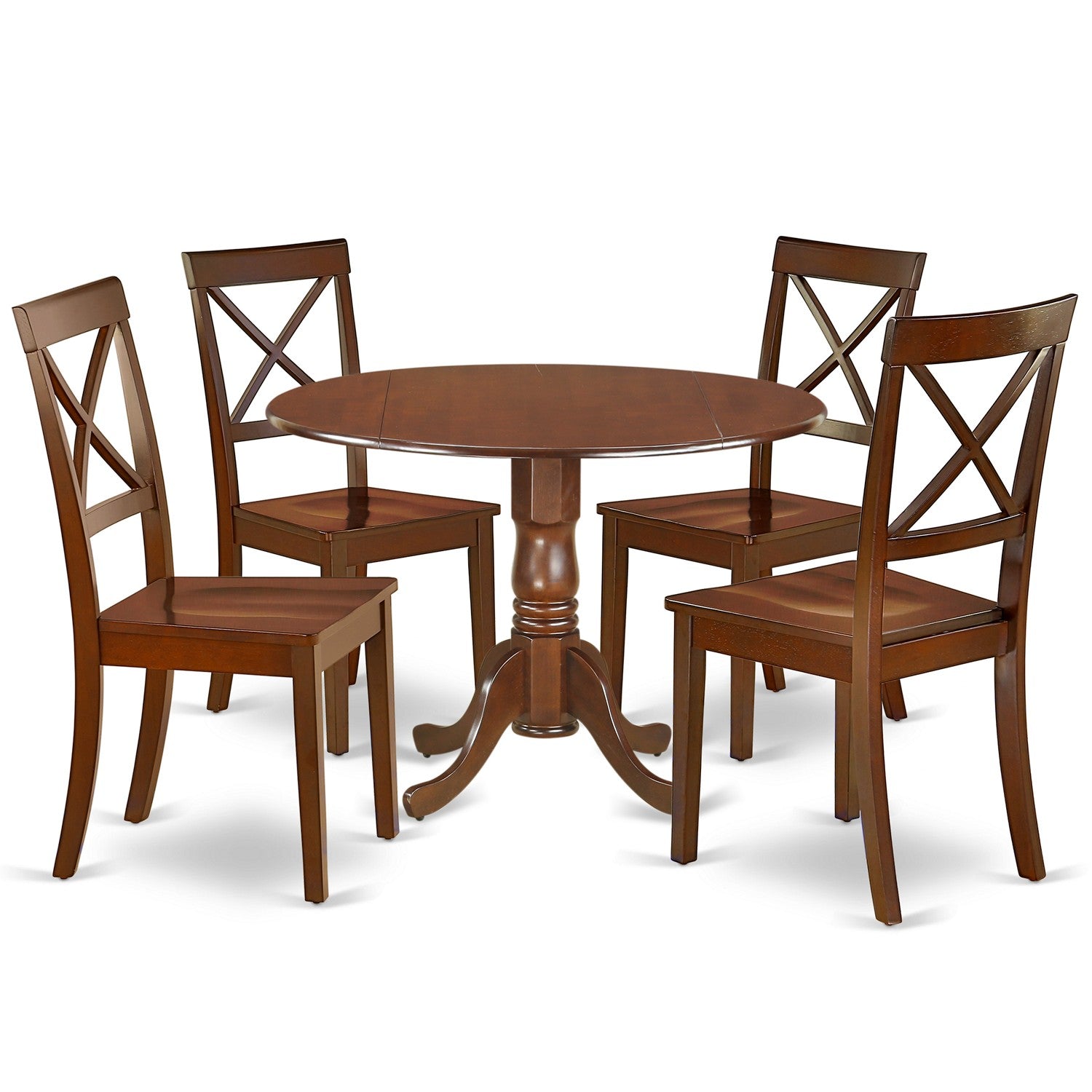 El juego de mesa de comedor de 5 piezas DLBO5-MAH-W de East West Furniture incluye una mesa de comedor redonda con alas abatibles y 4 sillas con asiento de madera.