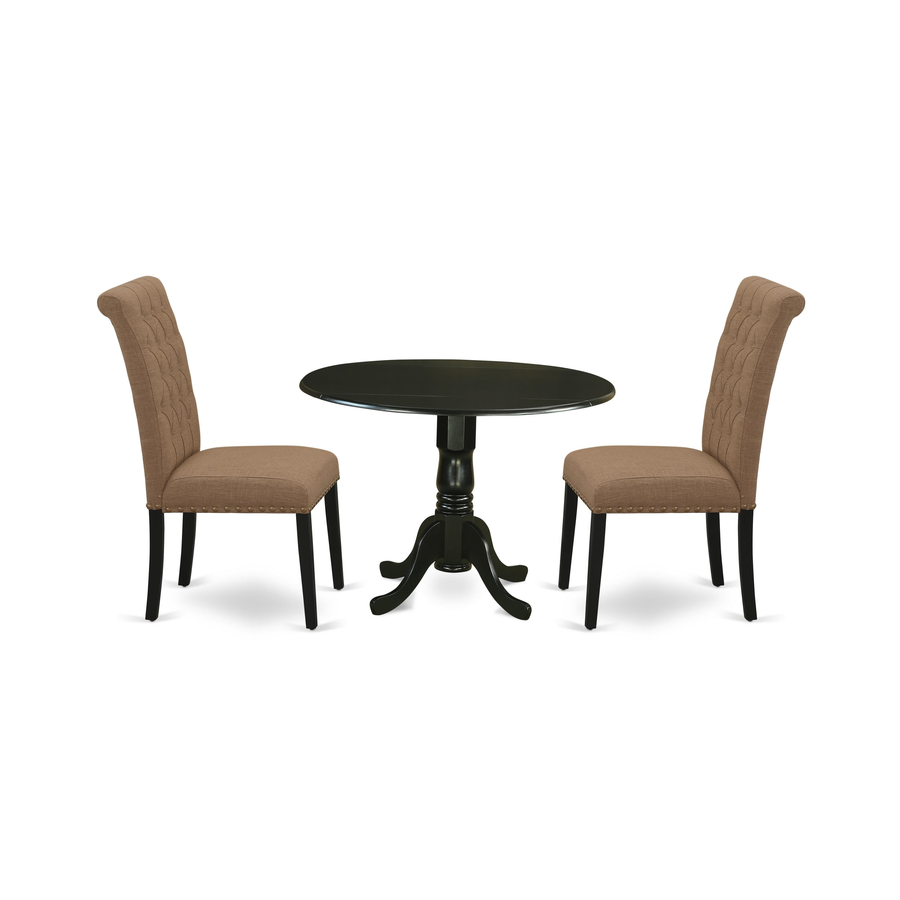 DLBR3-BLK-17 3Pc Dinette Set Includes a Small Rounded Kitchen Table with Drop Leaves and Two Parson Chairs with Light Sable Fabric, Black Finish
