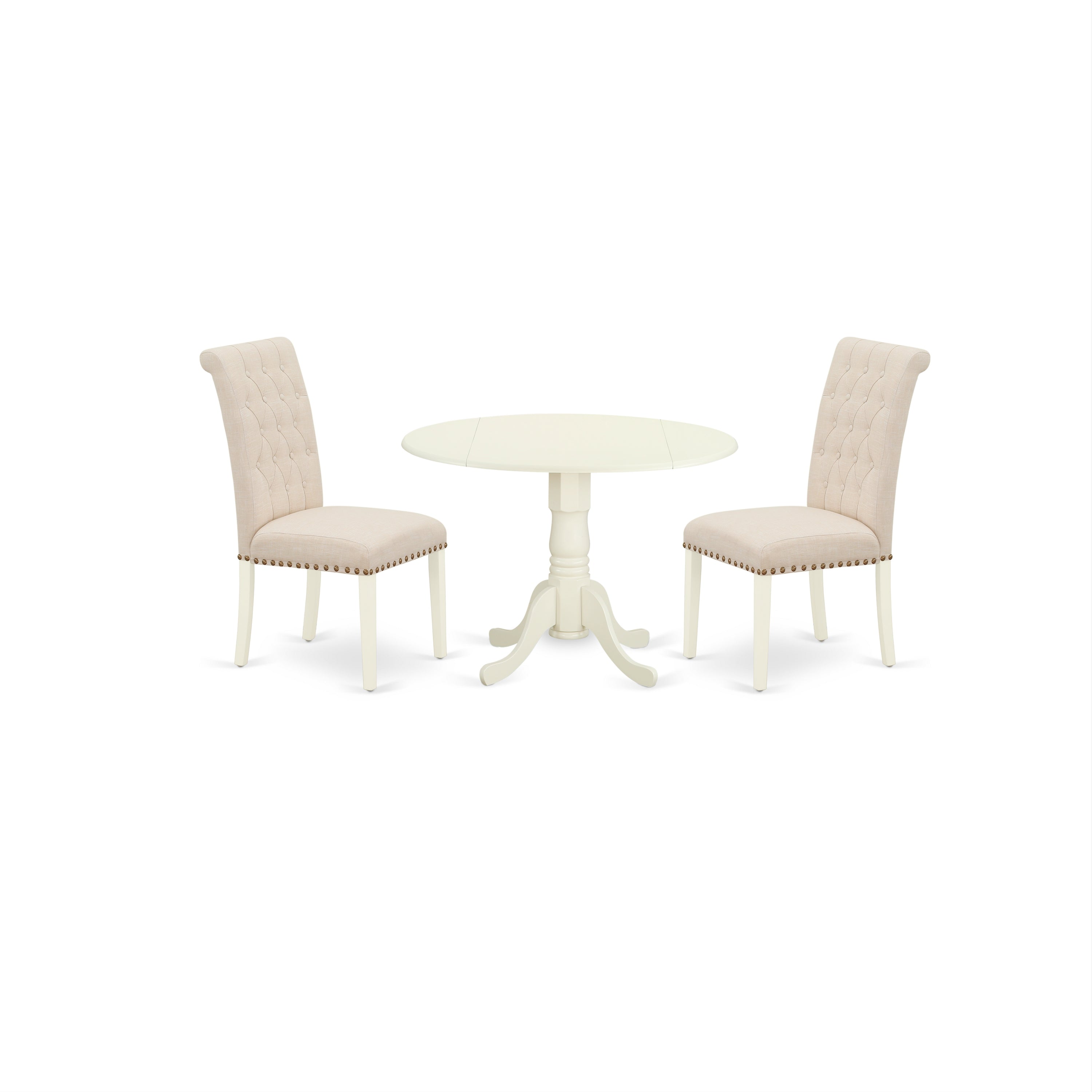 DLBR3-WHI-02 3Pc Dinette Set Includes a Small Rounded Kitchen Table with Drop Leaves and Two Parson Chairs with Light Beige Fabric, White Finish