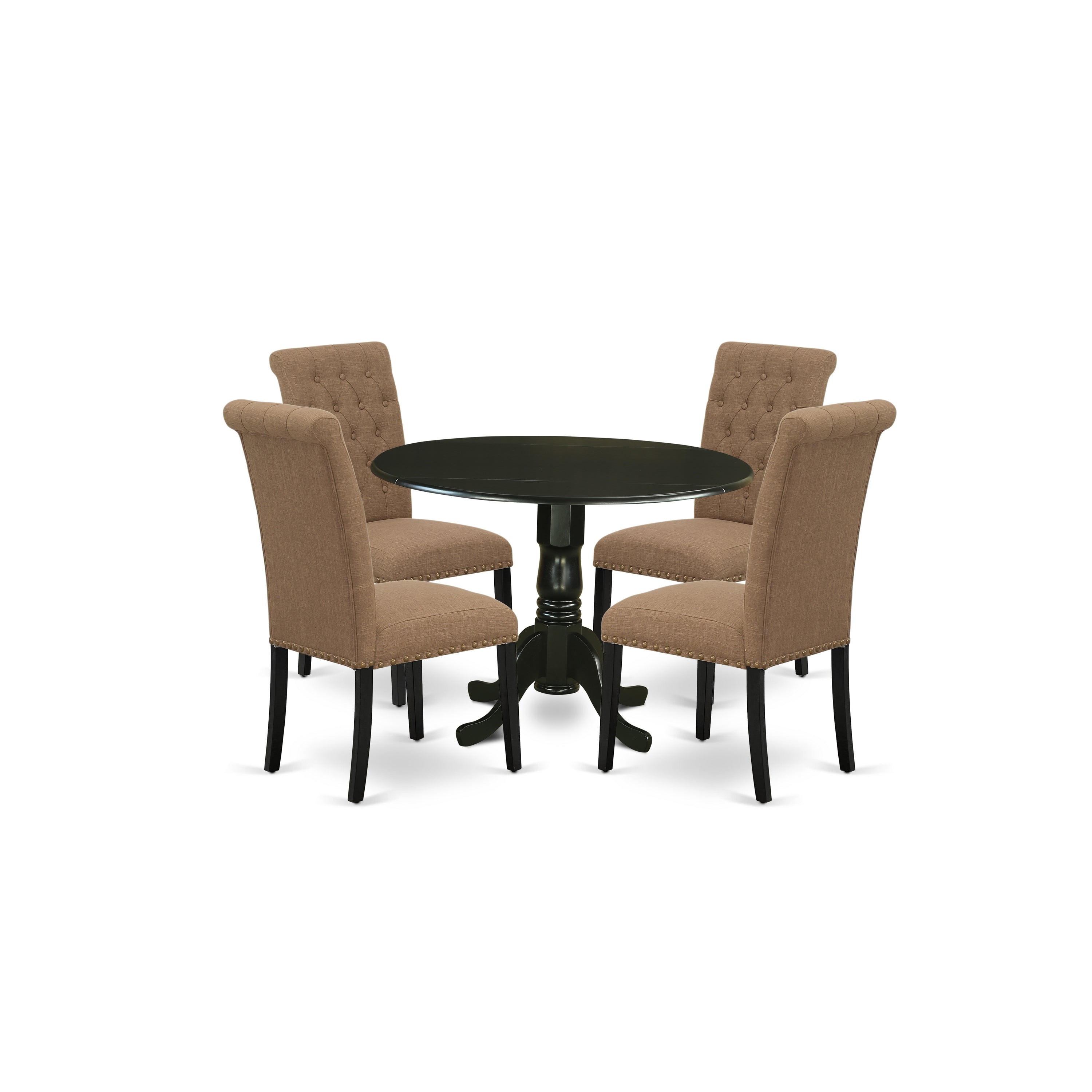 El juego de mesa y sillas de cocina de 5 piezas DLBR5-BLK-17 de East West Furniture incluye una mesa de comedor redonda con alas abatibles y 4 sillas Parsons de tela de lino color sable claro.