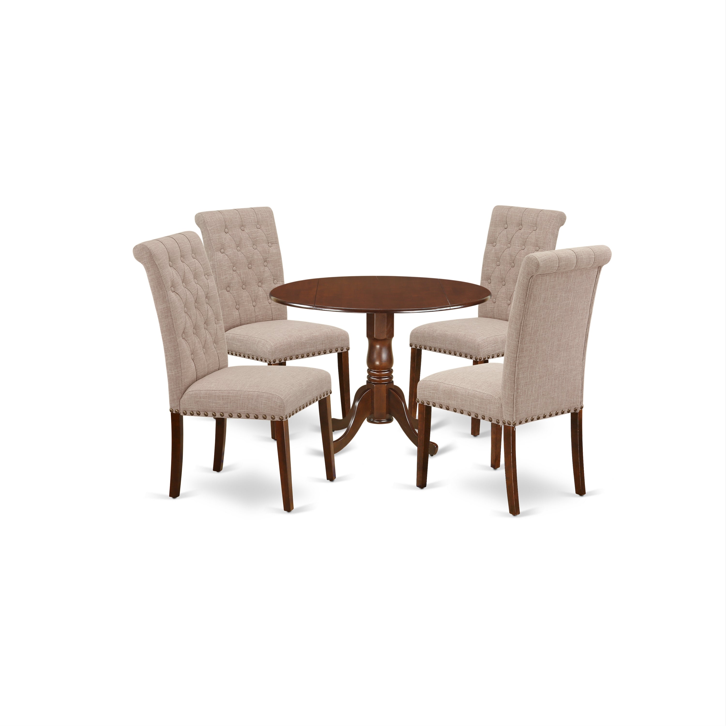DLBR5-MAH-04 5Pc Dining Set Includes a Round Dinette Table with Drop Leaves and Four Parson Chairs with Light Fawn Fabric, Mahogany Finish