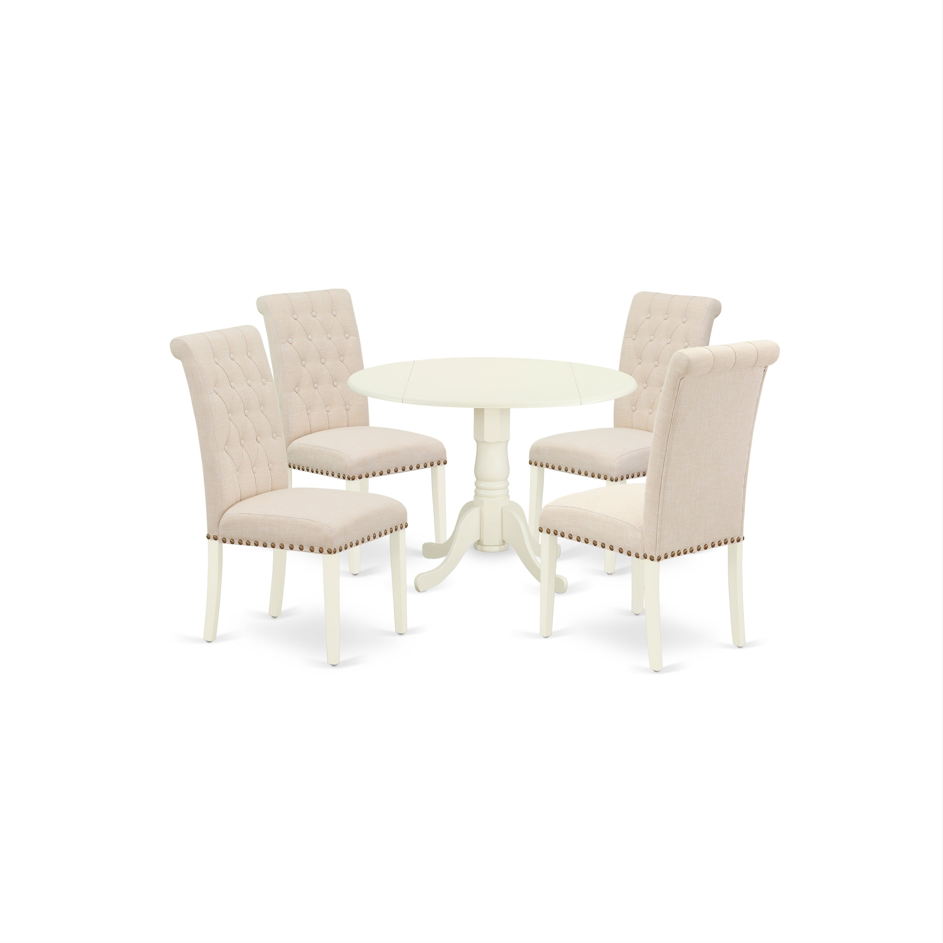 Juego de mesa de comedor de 5 piezas East West Furniture DLBR5-WHI-02 para 4 personas. Incluye una mesa de cocina redonda con alas abatibles y 4 sillas tapizadas en tela de lino beige claro.