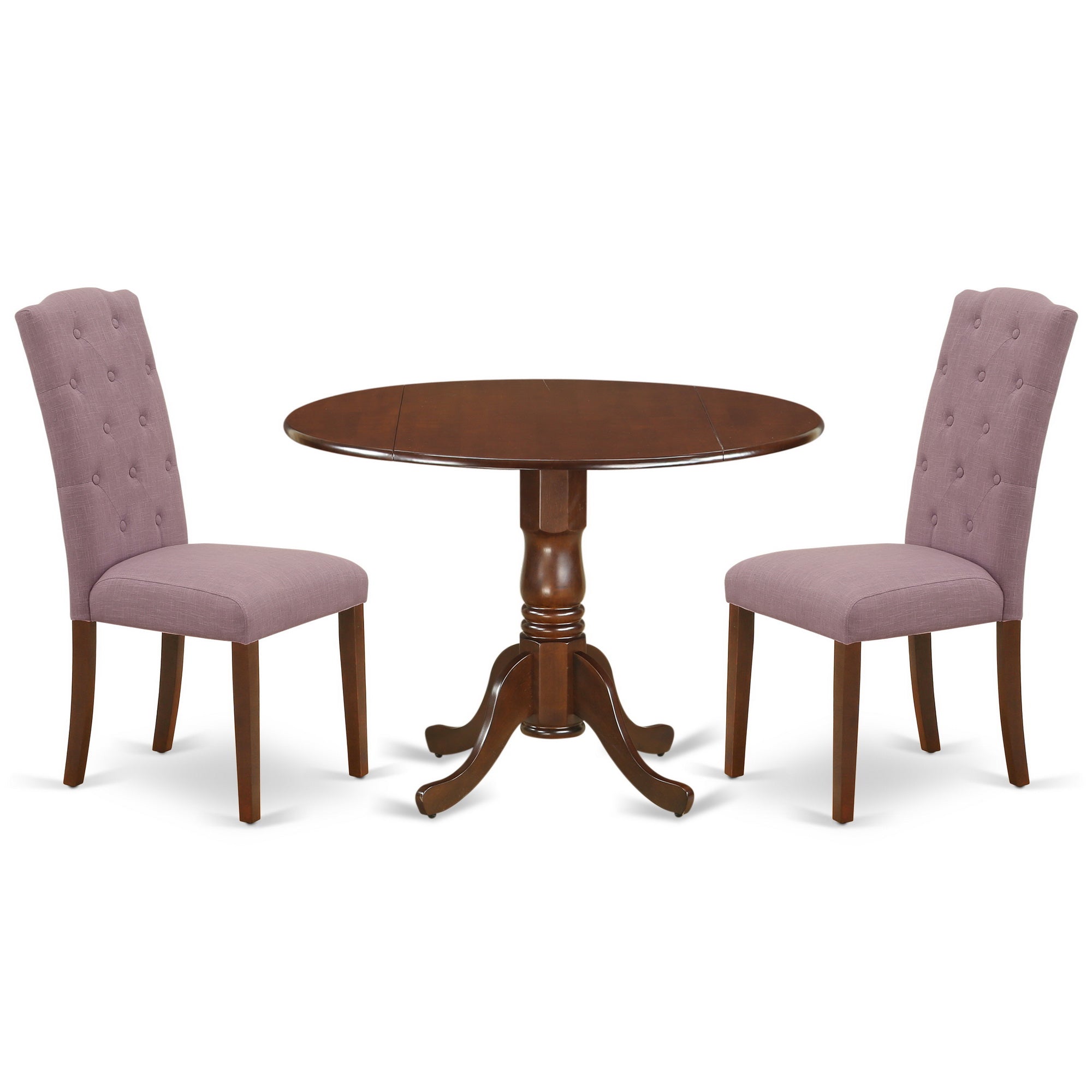 DLCE3-MAH-10 3Pc Dinette Set Includes a Small Rounded Kitchen Table with Drop Leaves and Two Parson Chairs with Dahlia Fabric, Mahogany Finish