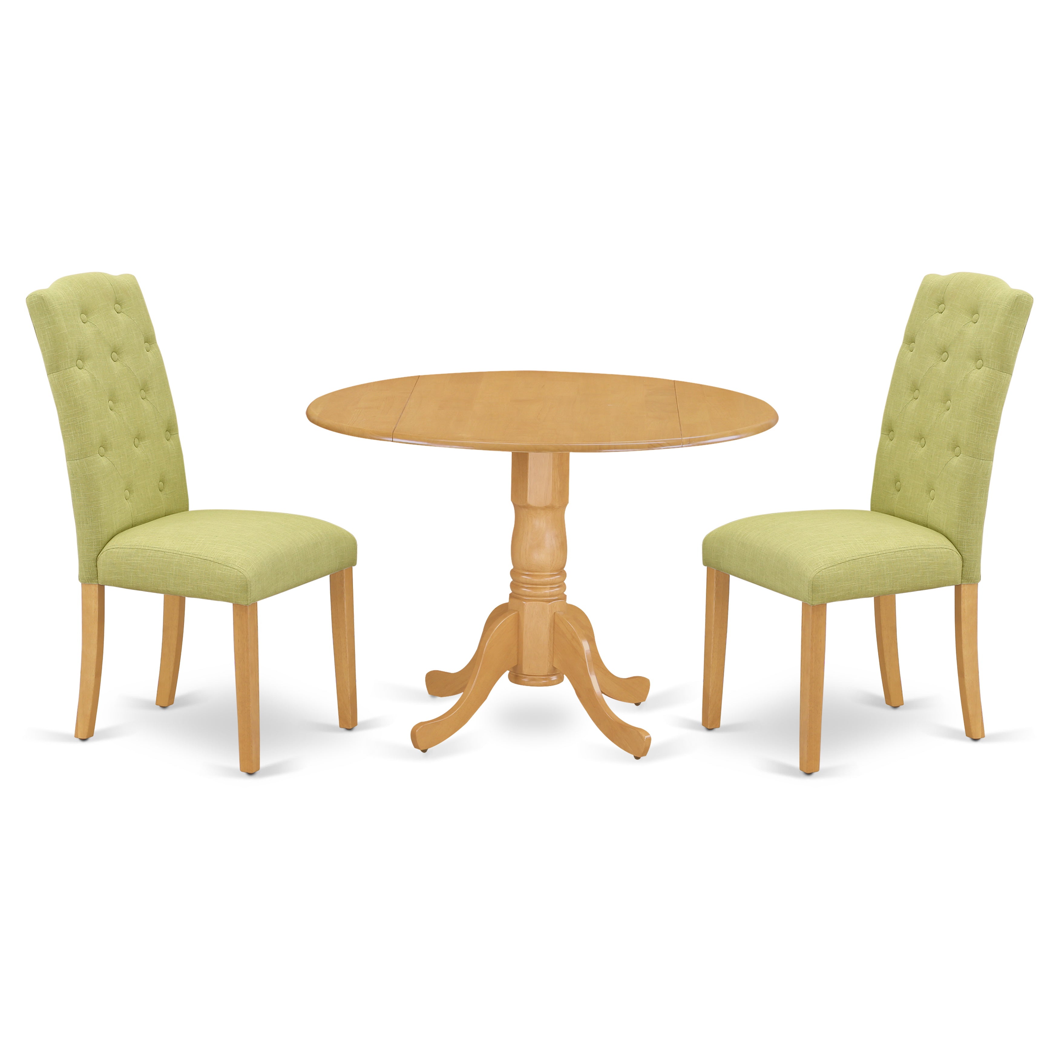 DLCE3-OAK-07 3Pc Dinette Set Includes a Small Rounded Kitchen Table with Drop Leaves and Two Parson Chairs with Lime Green Fabric, Oak Finish