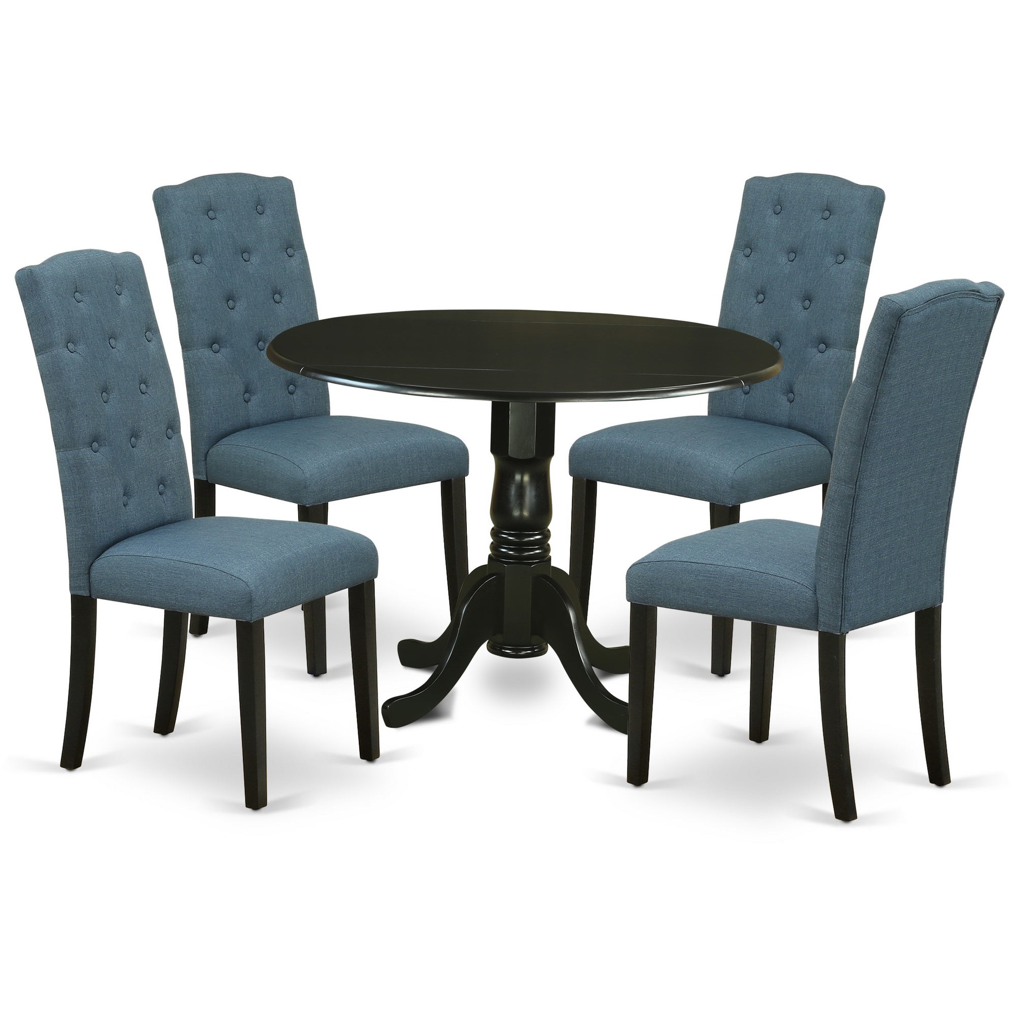 Juego de mesa y sillas de cocina de 5 piezas DLCE5-BLK-21 de East West Furniture. Incluye una mesa de comedor redonda con alas abatibles y 4 sillas tapizadas en tela de lino azul mineral.
