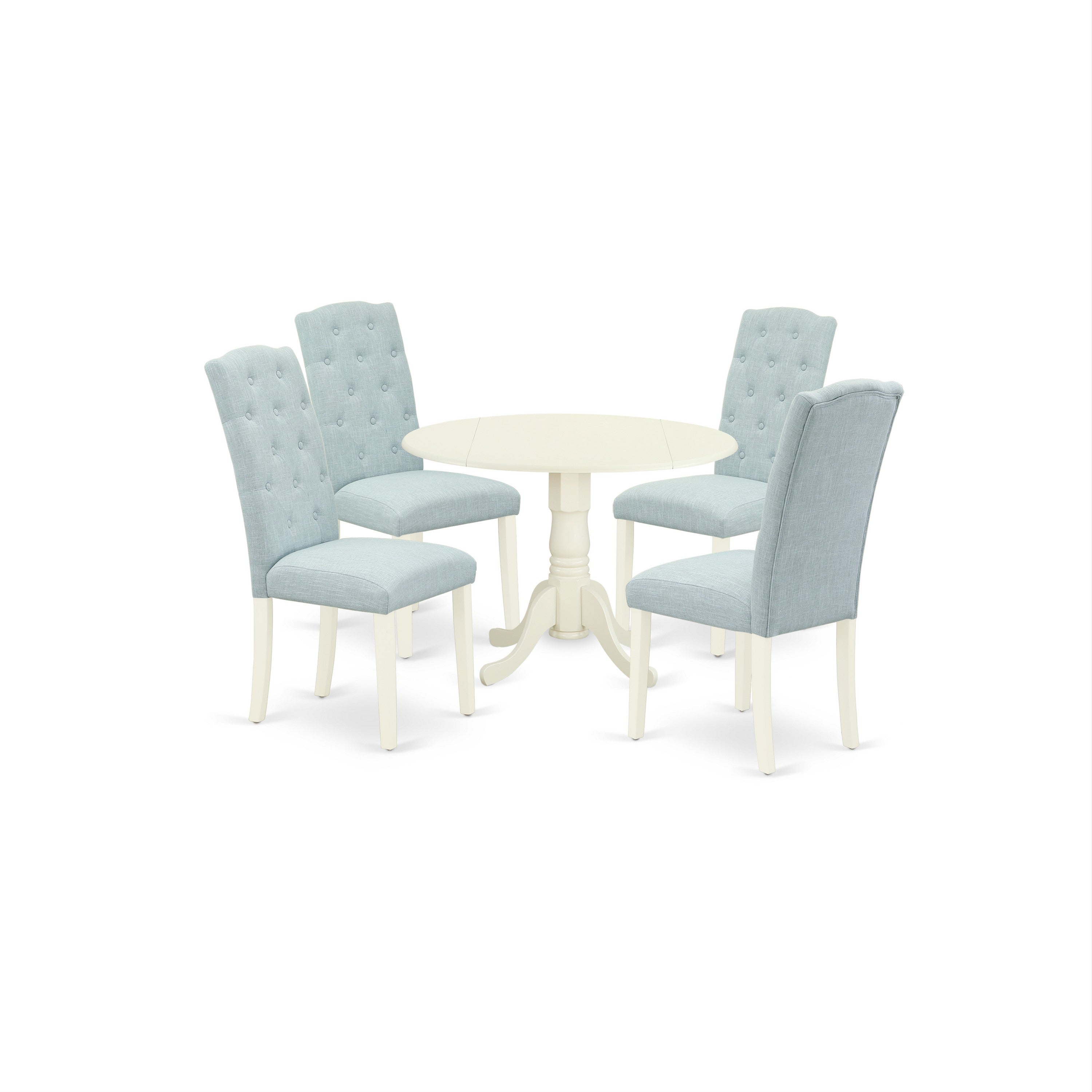 DLCE5-WHI-15 5Pc Dining Set Includes a Small Round Dinette Table with Drop Leaves and Four Parson Chairs with Baby Blue Fabric, White Finish