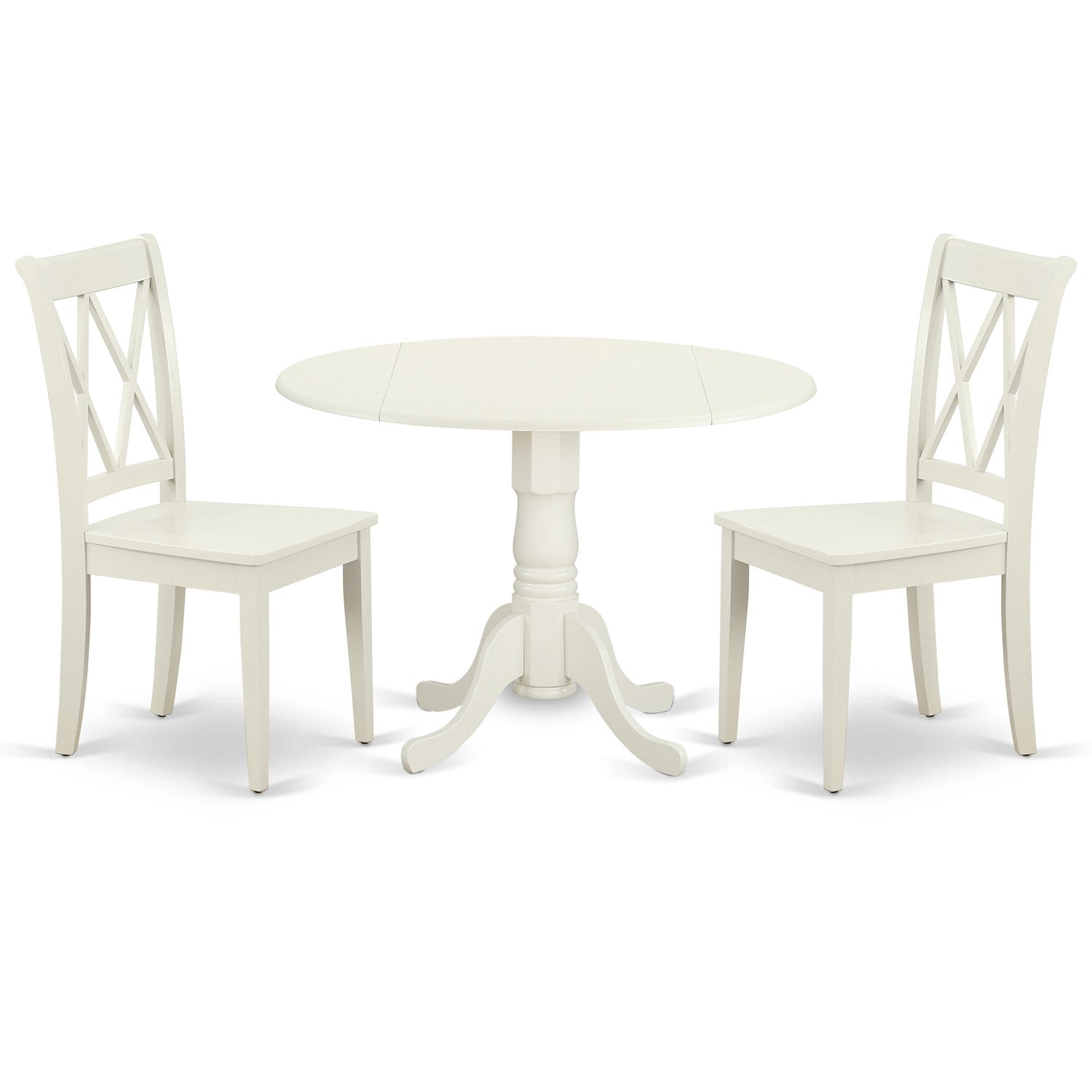DLCL3-LWH-W 3PC Round 42 inch Table with Two 9-Inch Drop Leaves and 2 Double X back Chairs