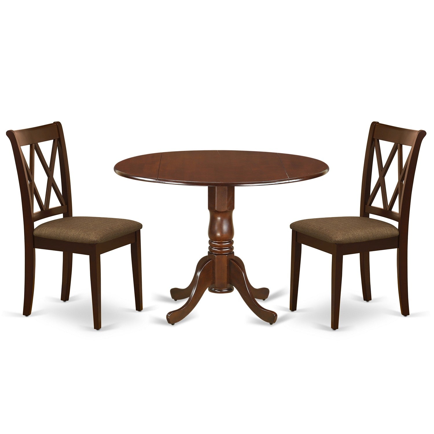 DLCL3-MAH-C 3Pc Dinette Set Includes a Rounded Kitchen Table with Drop Leaves and Two Double X Back Linen Seat Dining Chairs, Mahogany Finish
