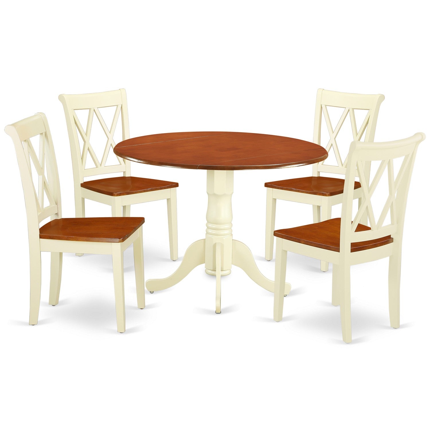 El juego de mesa de comedor de 5 piezas DLCL5-BMK-W de East West Furniture incluye una mesa de comedor redonda con alas abatibles y 4 sillas con asiento de madera.