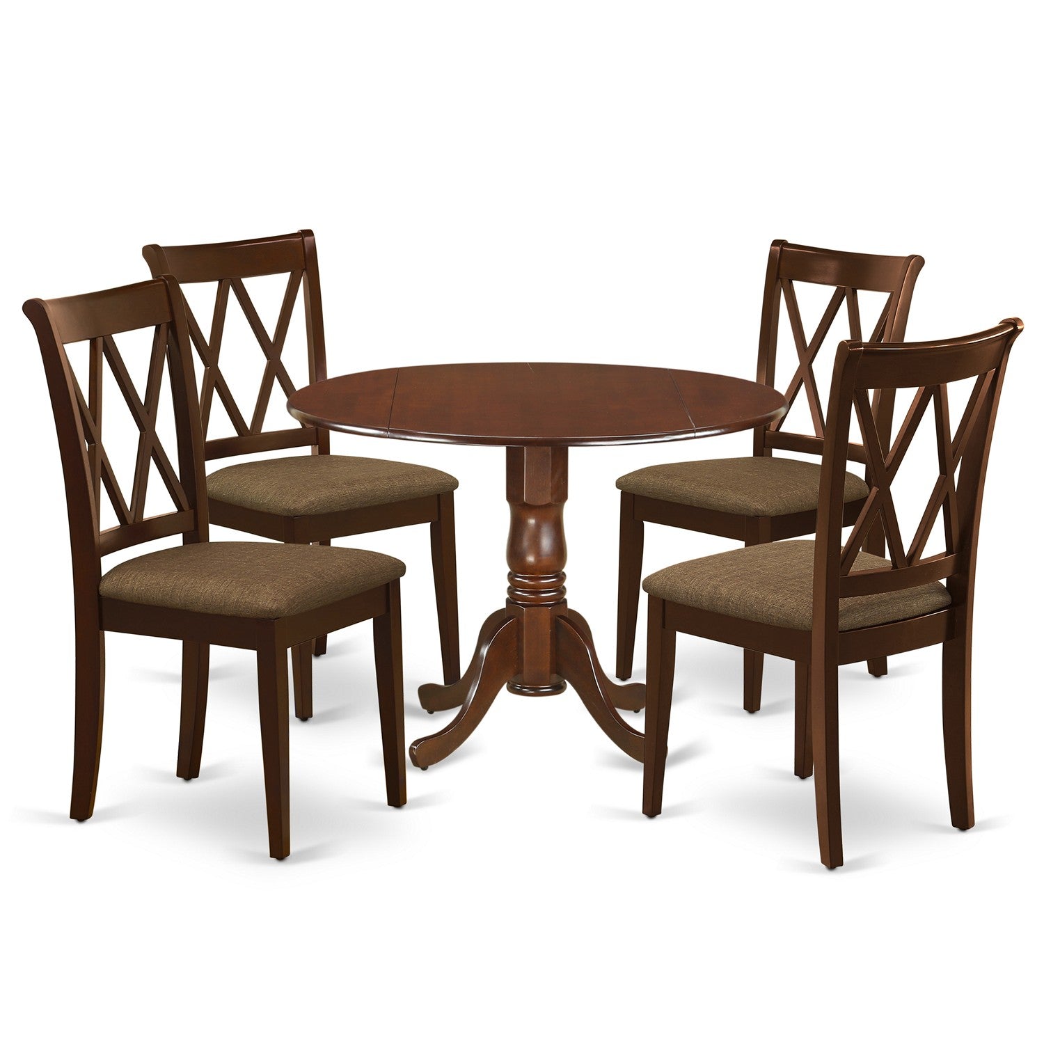 El juego de mesa de comedor moderno de 5 piezas DLCL5-MAH-C de East West Furniture incluye una mesa redonda de madera con alas abatibles y 4 sillas de comedor de tela de lino.