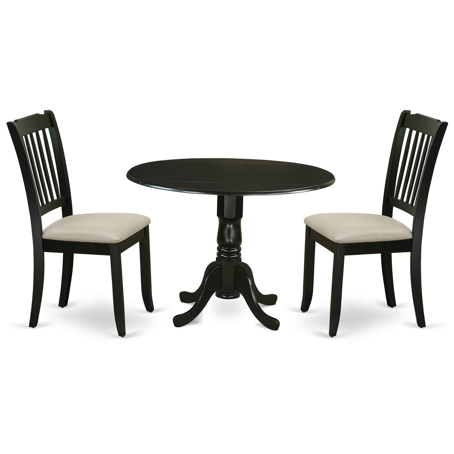 DLDA3-BLK-C 3Pc Dinette Set Includes a Rounded Kitchen Table with Drop Leaves and Two Vertical Slatted Linen Seat Dining Chairs, Black Finish