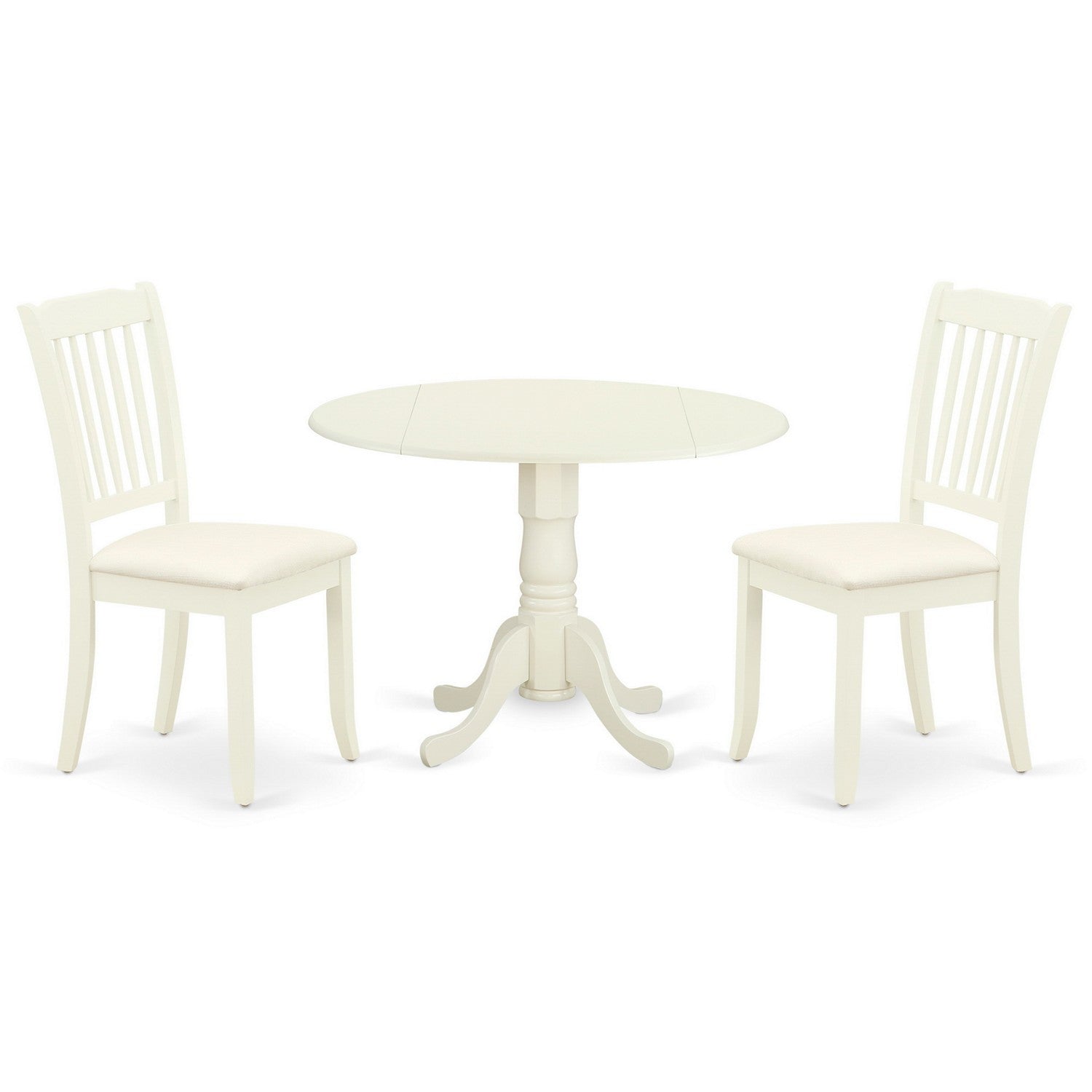 Juego de mesa de cocina de 3 piezas East West Furniture DLDA3-WHI-C para espacios pequeños. Incluye una mesa de comedor redonda con alas abatibles y dos sillas tapizadas en tela de lino.